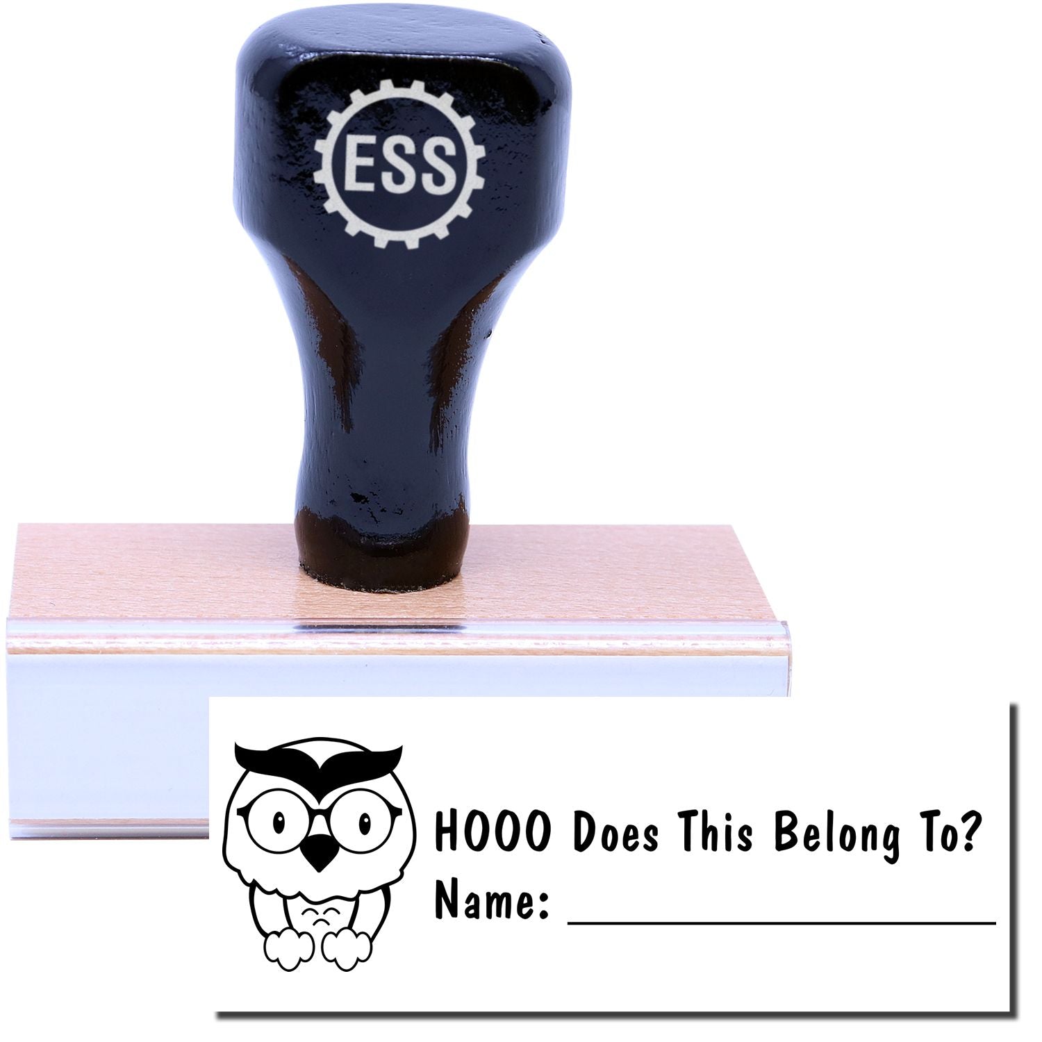 A stock office rubber stamp with a stamped image showing how the texts HOOO Does This Belong To? and Name: with a line and an image of an owl on the left side are displayed after stamping.