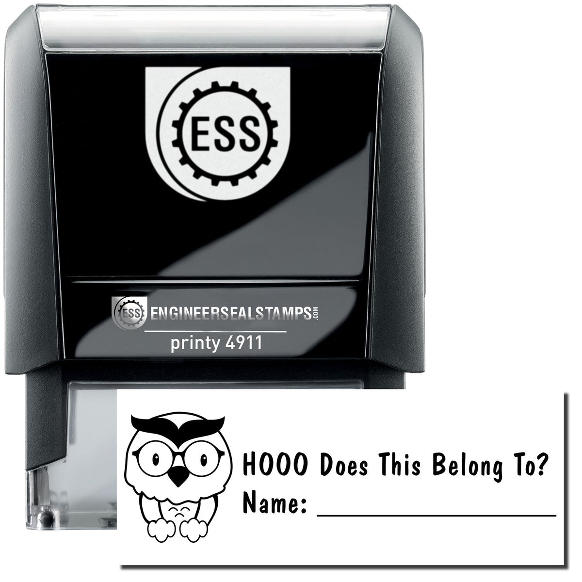 A self-inking stamp with a stamped image showing how the text &quot;HOOO Does This Belong To?&quot; and a second line that reads &quot;Name:&quot; with a line (Also, an image of an owl on the left) is displayed after stamping.