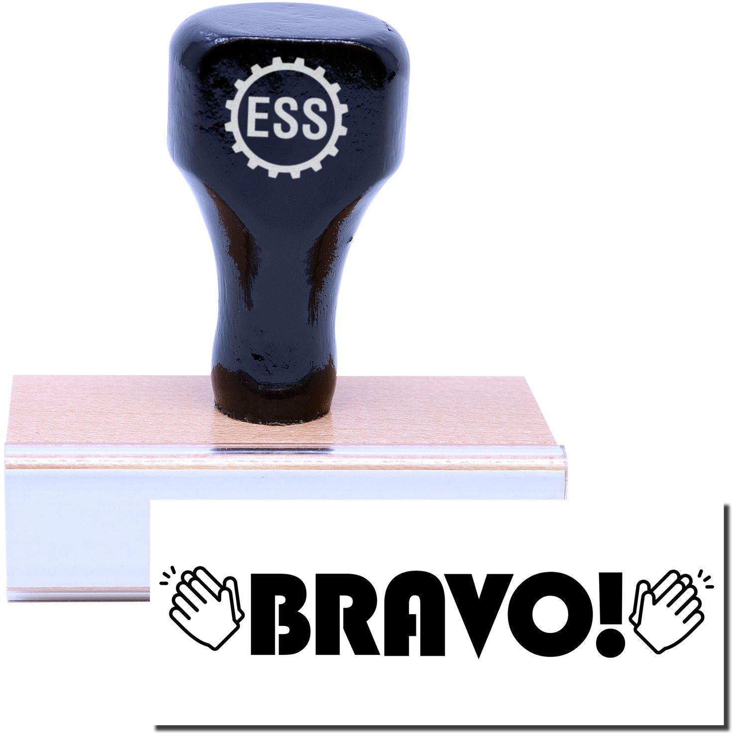 A stock office rubber stamp with a stamped image showing how the text "BRAVO!" with images of clapping hands on both left and right sides is displayed after stamping.