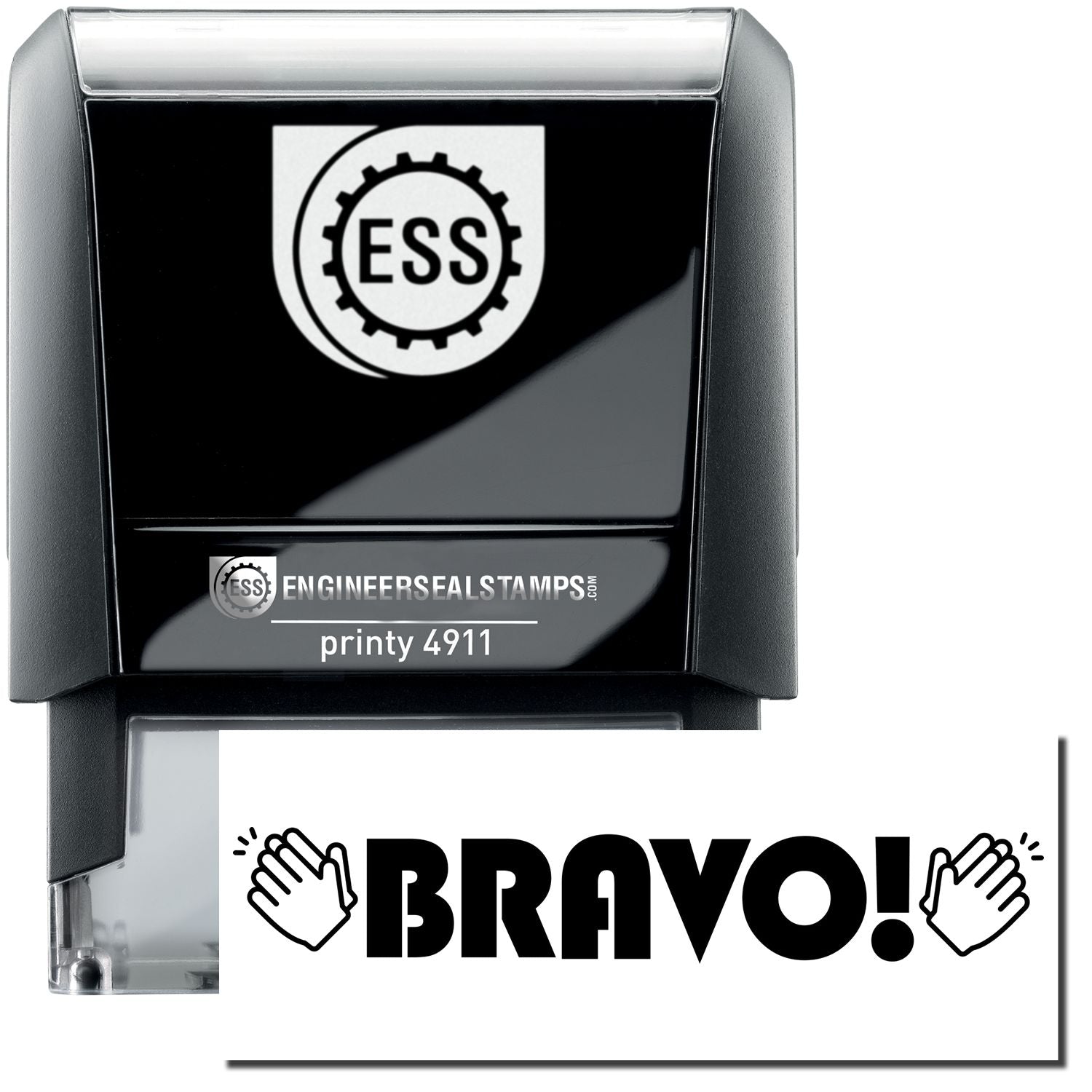 A self-inking stamp with a stamped image showing how the text "BRAVO!" (with clapping hands on either side of the text) is displayed after stamping.