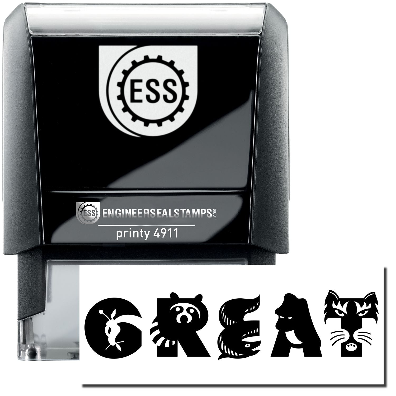 A self-inking stamp with a stamped image showing how the word GREAT (Each letter resembles an animal, including a giraffe, raccoon, eel, ape, and tiger) is displayed after stamping.