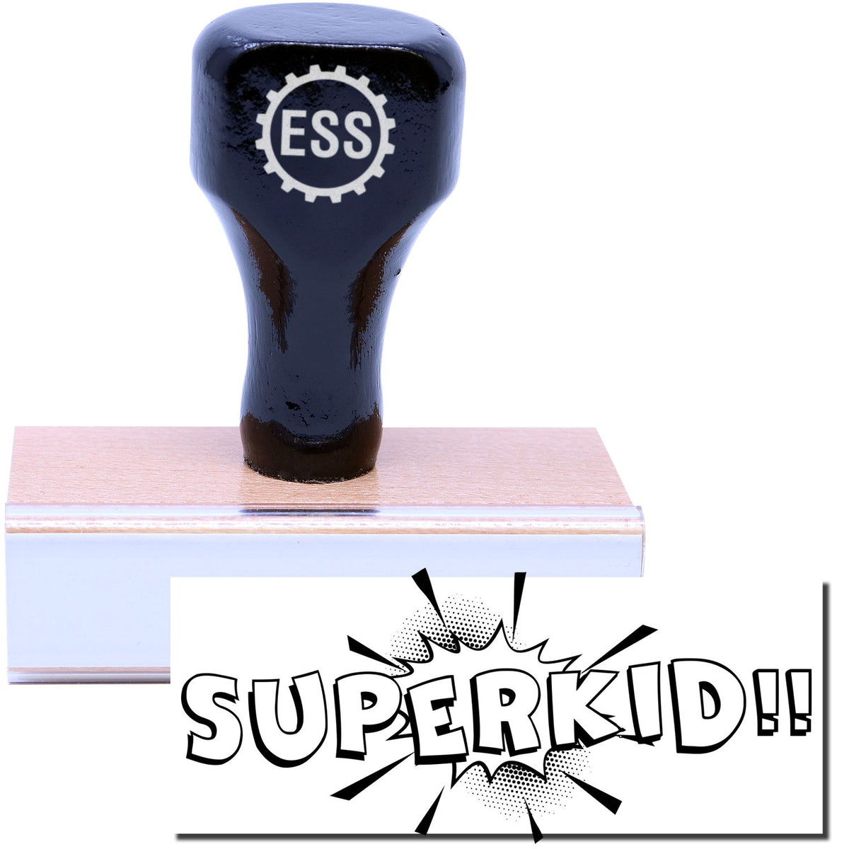 A stock office rubber stamp with a stamped image showing how the text &quot;SUPERKID&quot; in a bold, urban font with a comic book-style background is displayed after stamping.