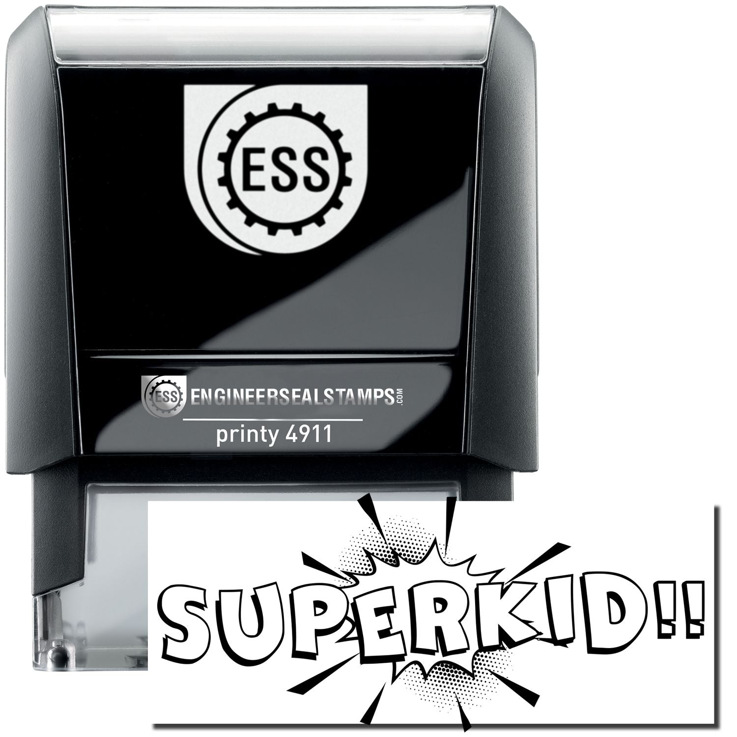 A self-inking stamp with a stamped image showing how the text "SUPERKID!!" (in a bold, urban font with a background that seems like it came out of comic book pages) is displayed after stamping.