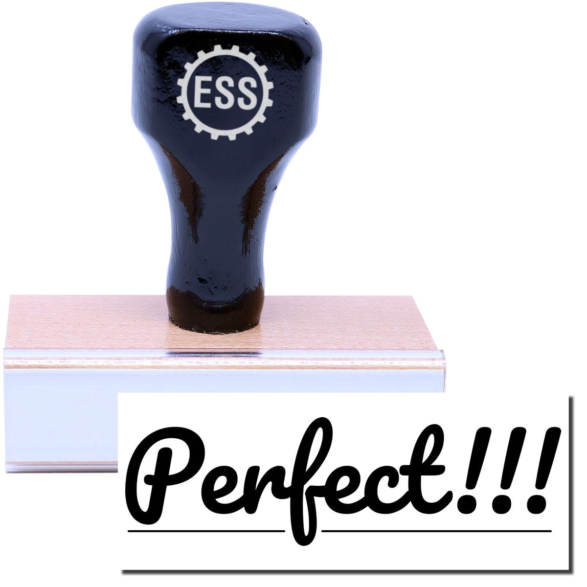 A stock office rubber stamp with a stamped image showing how the text &quot;Perfect!!!&quot; in striking font with multiple exclamation points is displayed after stamping.