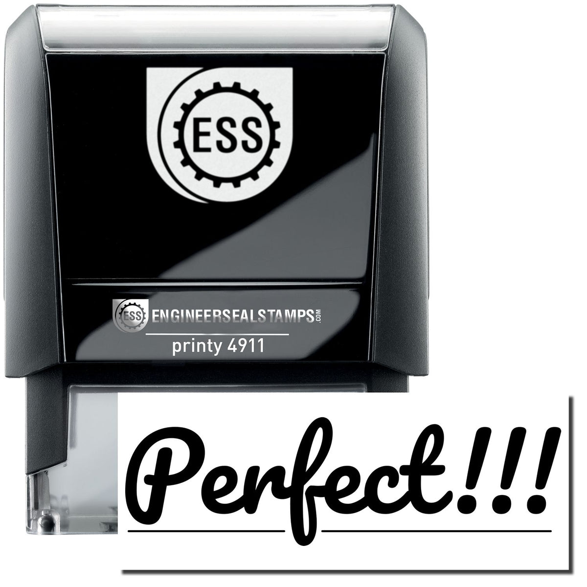 A self-inking stamp with a stamped image showing how the word &quot;Perfect!!!&quot; (in a bold font with a line underneath and several exclamation points at the end) is displayed after stamping.