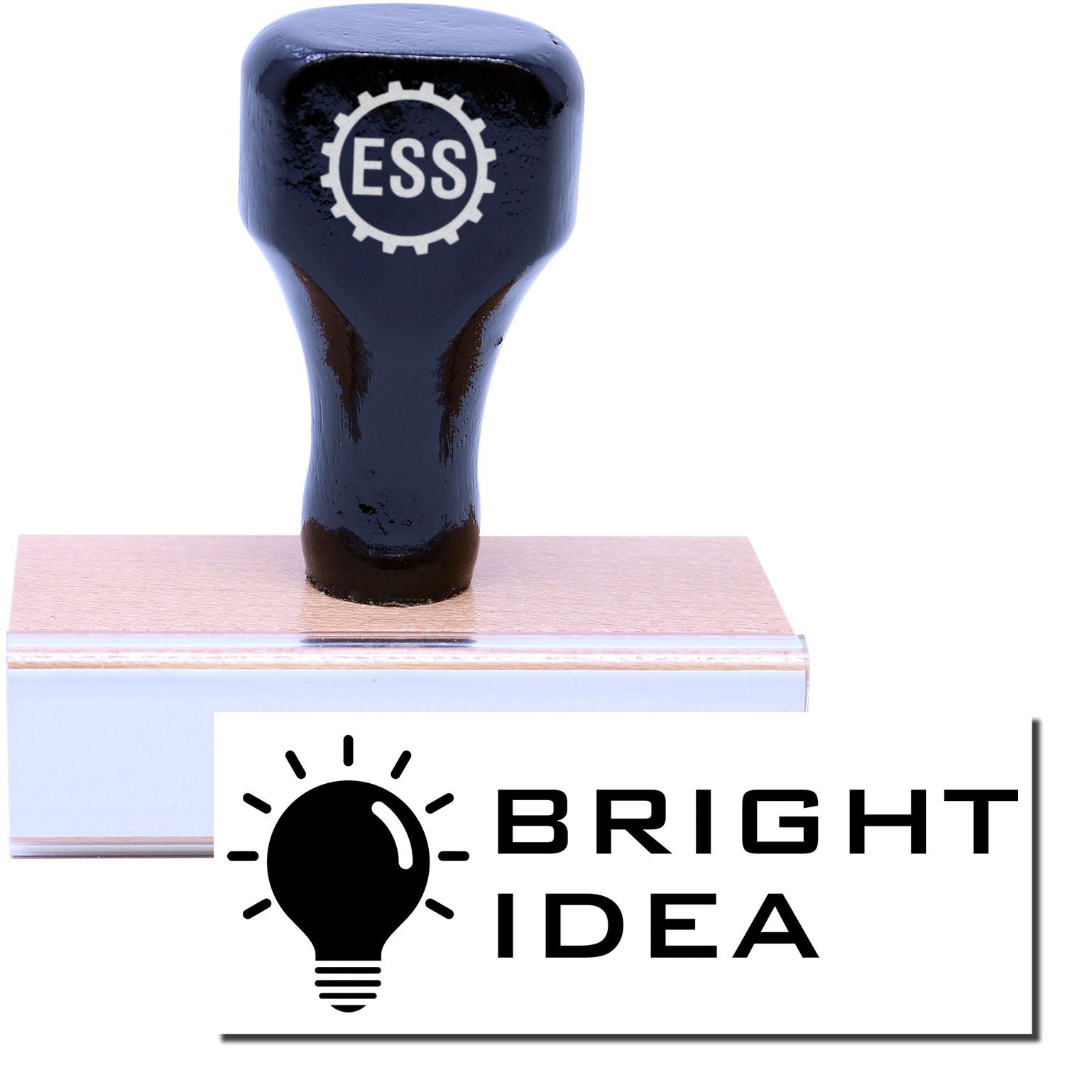 A stock office rubber stamp with a stamped image showing how the text BRIGHT IDEA in tech-style font with an image of a glowing lightbulb is displayed after stamping.