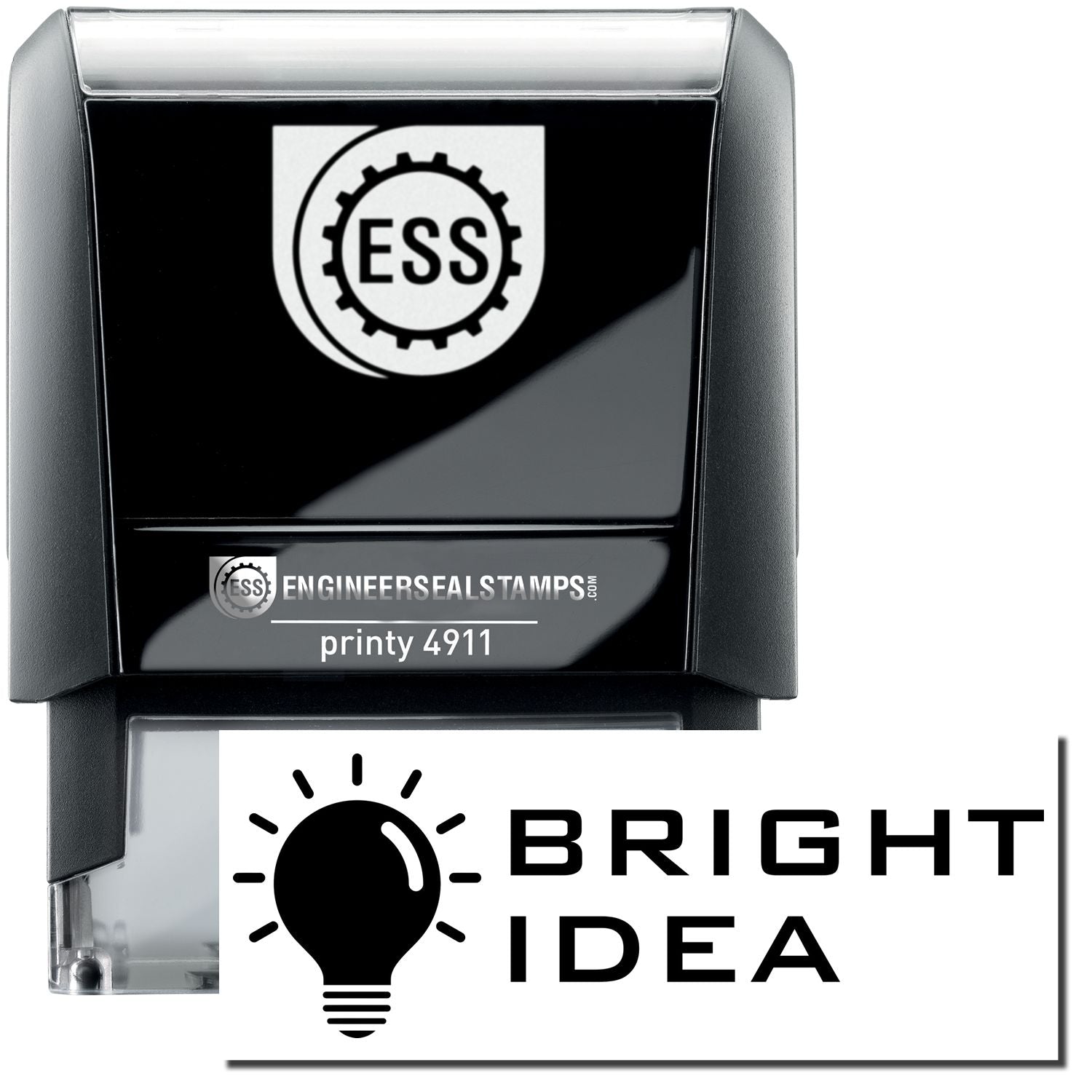 A self-inking stamp with a stamped image showing how the text BRIGHT IDEA (in a tech-style font with an image of a bright lightbulb on the left side) is displayed after stamping.