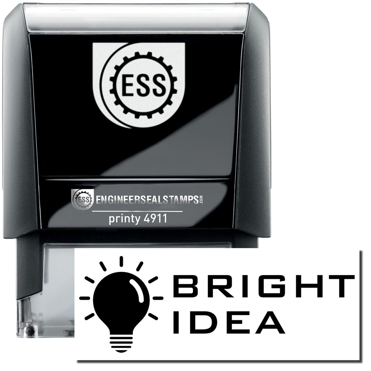 A self-inking stamp with a stamped image showing how the text &quot;BRIGHT IDEA&quot; (in a tech-style font with an image of a bright lightbulb on the left side) is displayed after stamping.