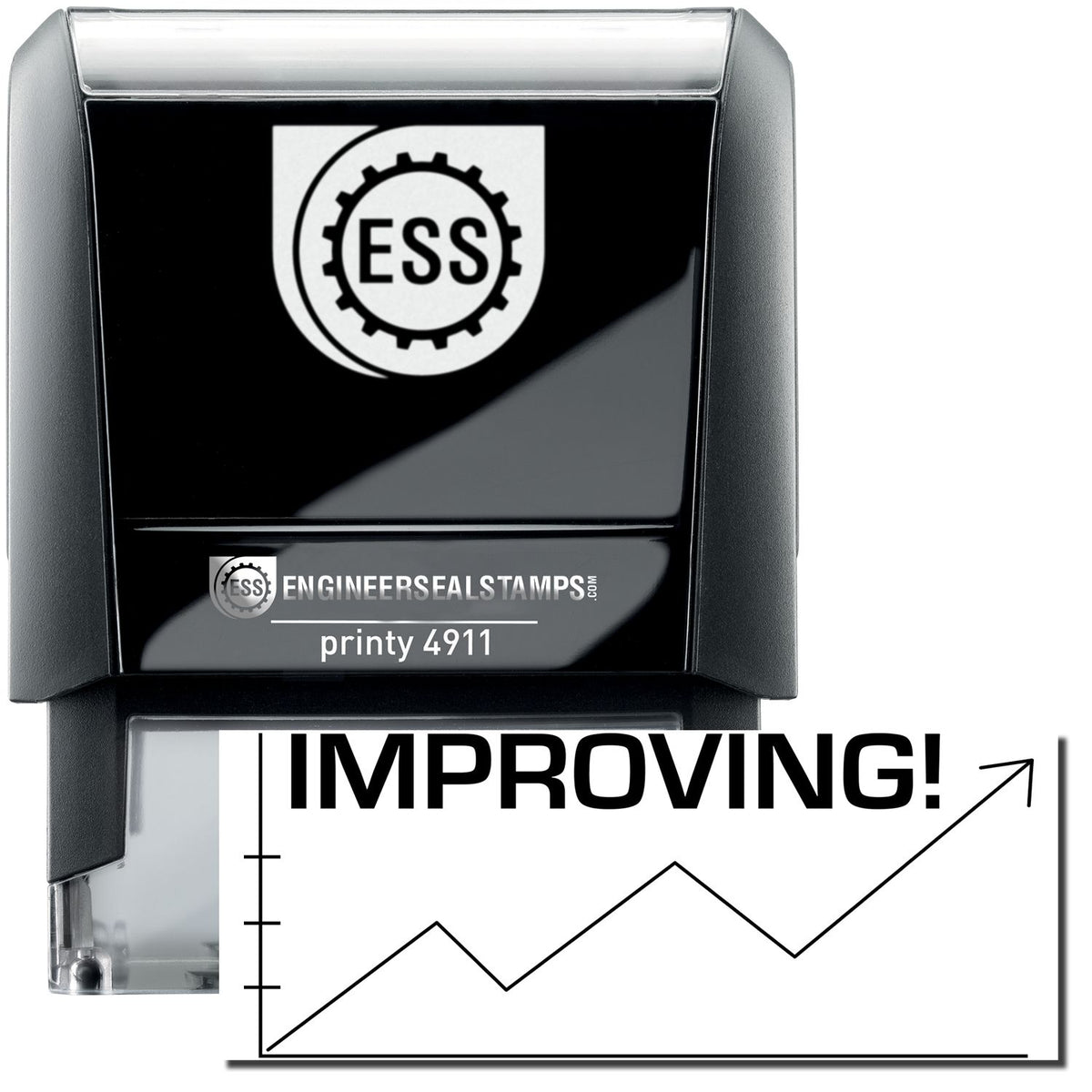 A self-inking stamp with a stamped image showing how the text &quot;IMPROVING&quot; (with an image of a chart below that shows an arrow moving up, down, and back up again) is displayed after stamping.