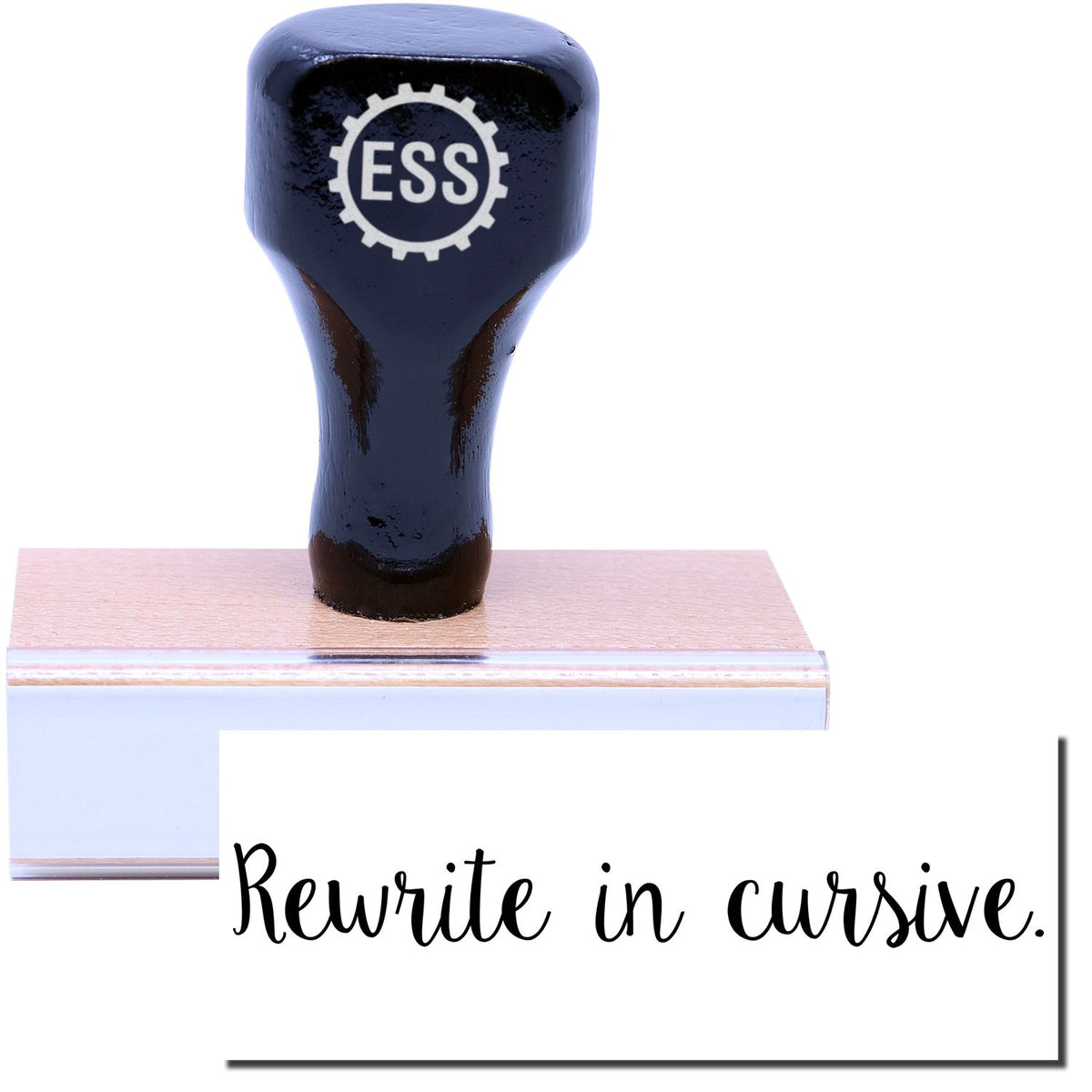 A stock office rubber stamp with a stamped image showing how the text &quot;Rewrite in cursive.&quot; in a script cursive font is displayed after stamping.