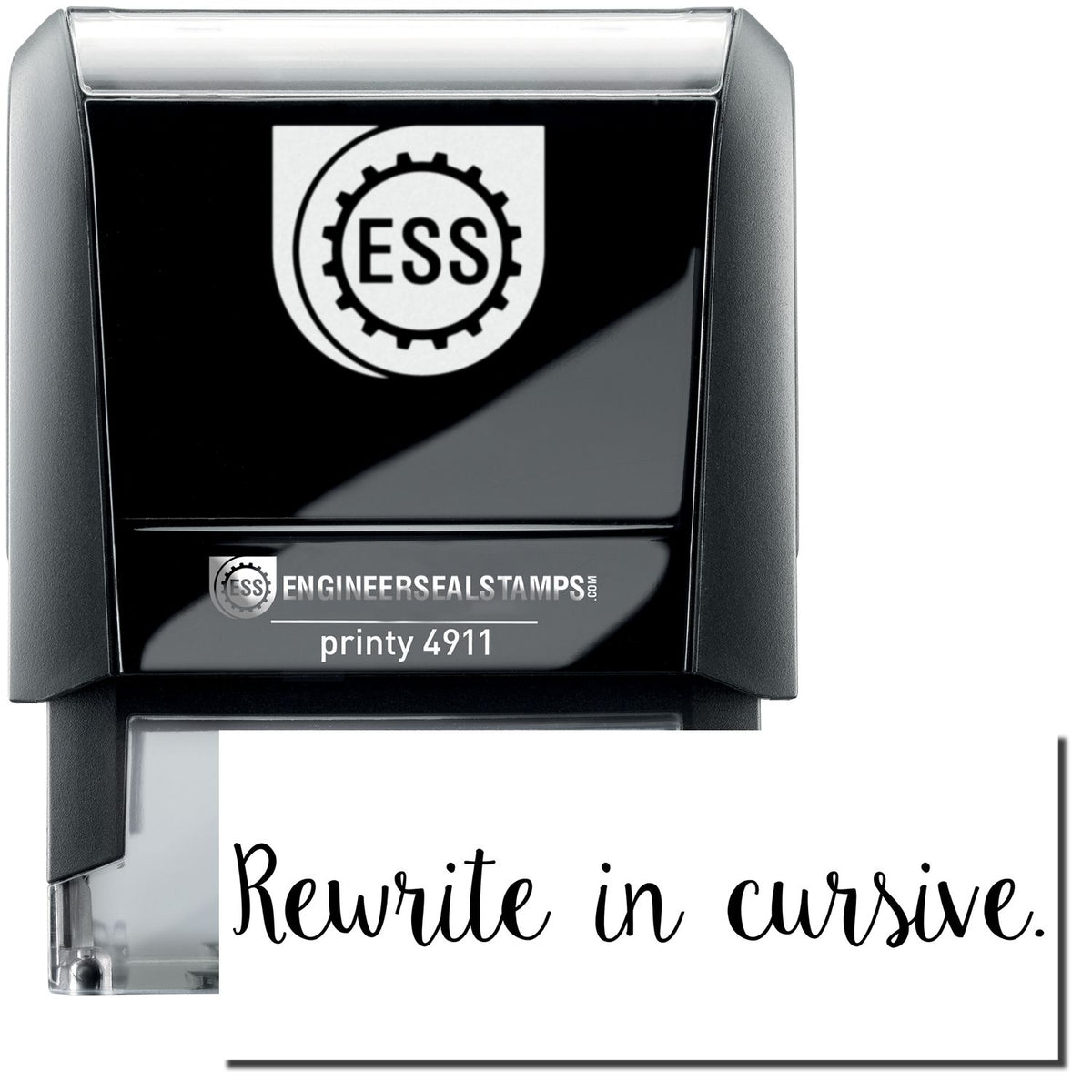 A self-inking stamp with a stamped image showing how the text &quot;Rewrite in cursive.&quot; (in a script cursive font) is displayed after stamping.
