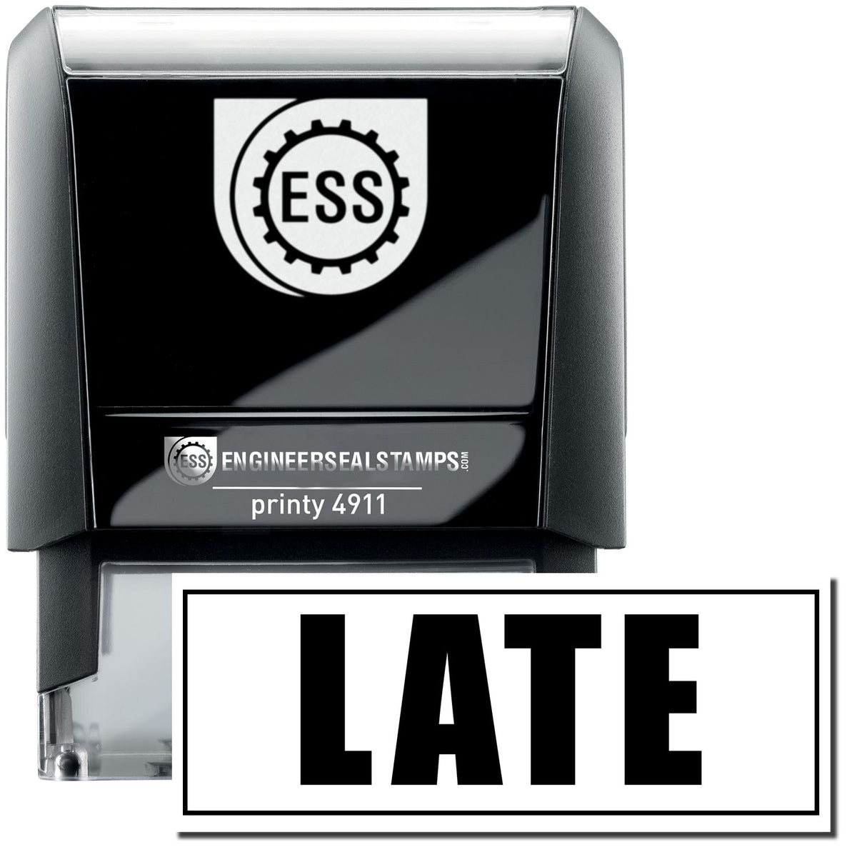 A self-inking stamp with a stamped image showing how the text &quot;LATE&quot; (in bold font with an outline border) is displayed after stamping.