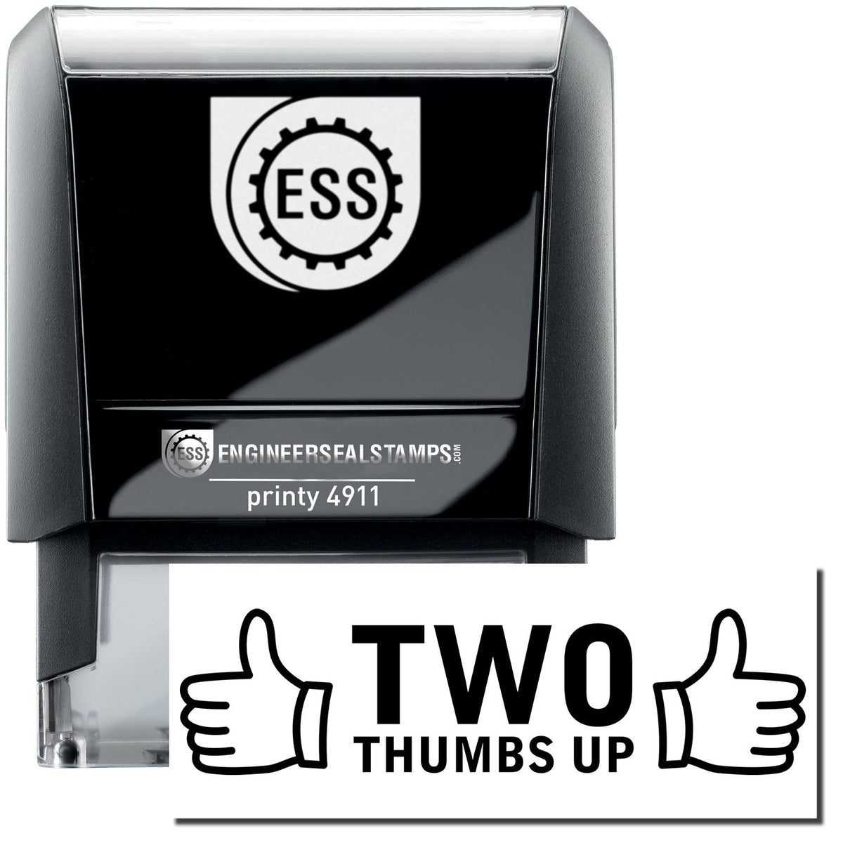 A self-inking stamp with a stamped image showing how the text &quot;TWO THUMBS UP&quot; (&quot;TWO&quot; in a large font and &quot;THUMBS UP&quot; in a small font mentioned underneath with two thumbs pointing up on each side of the text) is displayed after stamping.