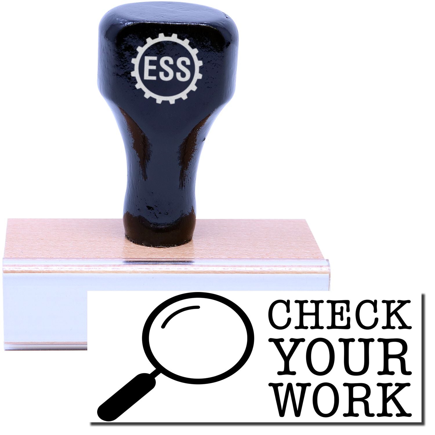 A stock office rubber stamp with a stamped image showing how the text CHECK YOUR WORK with a detective glass on the left is displayed after stamping.