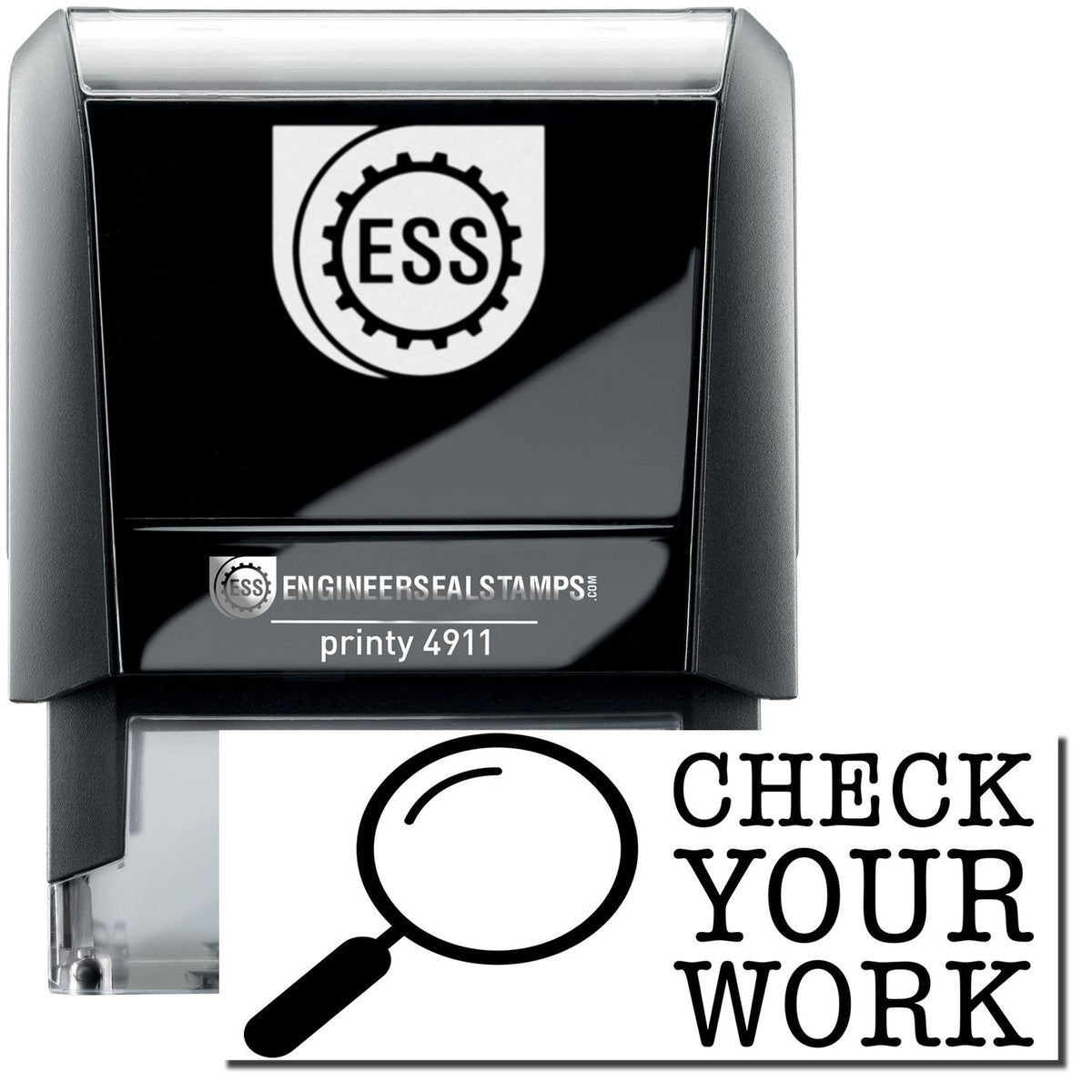 A self-inking stamp with a stamped image showing how the text &quot;CHECK YOUR WORK&quot; (with an image of a magnifying glass on the left side) is displayed after stamping.