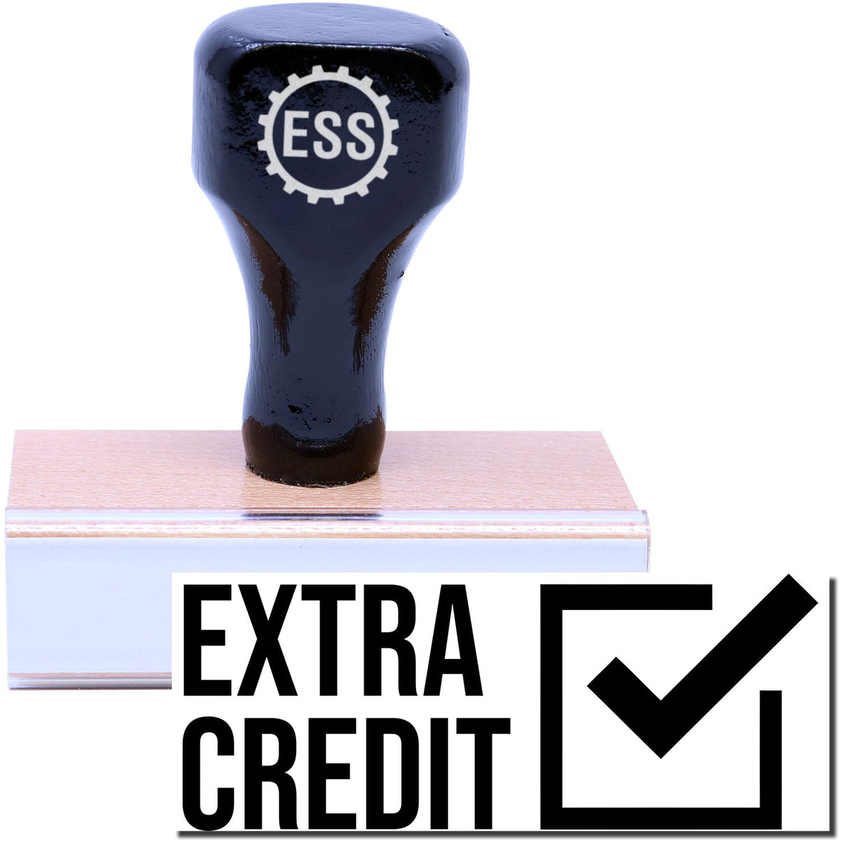 A stock office rubber stamp with a stamped image showing how the text &quot;EXTRA CREDIT&quot; in bold font with a checked box on the right is displayed after stamping.
