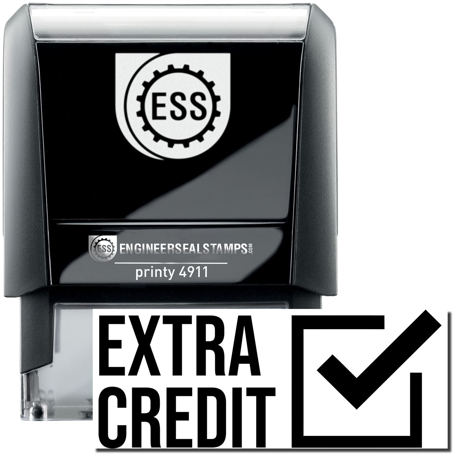 A self-inking stamp with a stamped image showing how the text "EXTRA CREDIT" (in bold font with a checked box on the right side) is displayed after stamping.