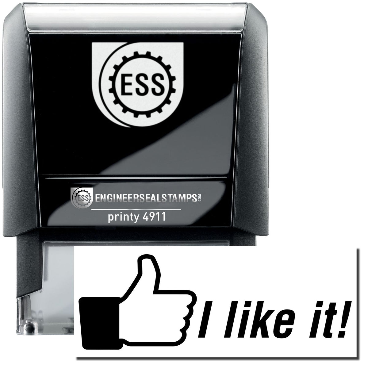 A self-inking stamp with a stamped image showing how the text &quot;I like it!&quot; (with a thumbs-up icon on the left) is displayed after stamping.
