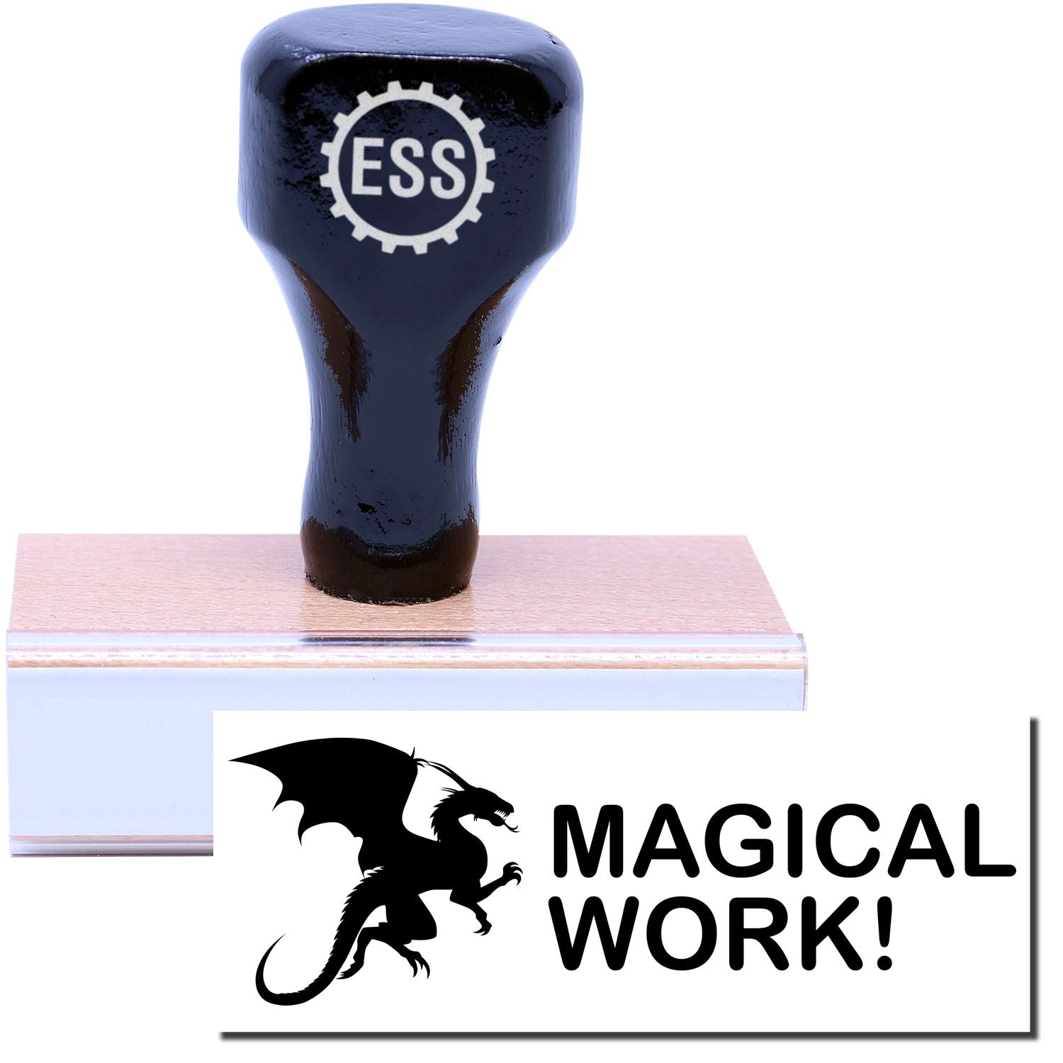 A stock office rubber stamp with a stamped image showing how the text MAGICAL WORK! in large font with an iconic dragon design is displayed after stamping.