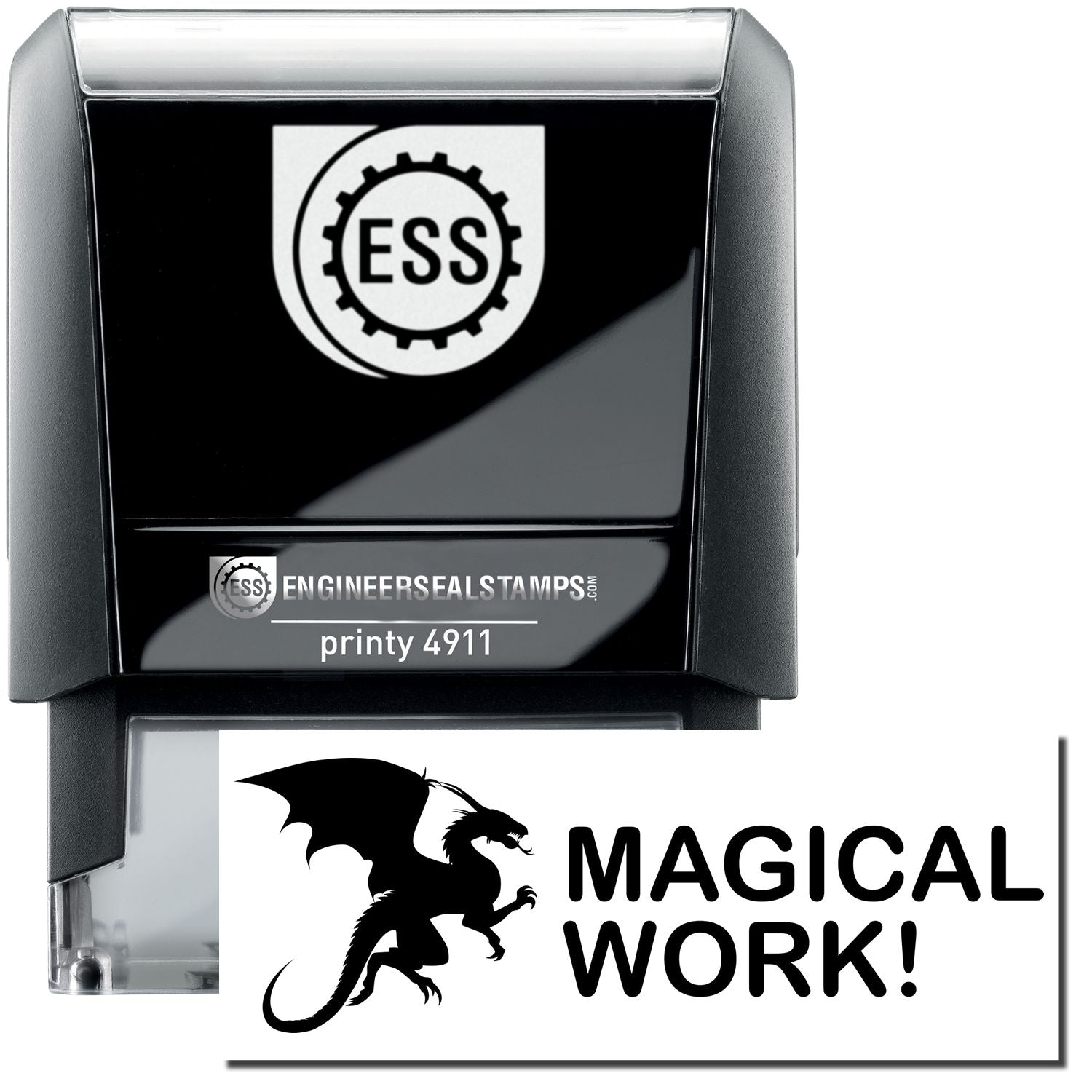 A self-inking stamp with a stamped image showing how the text MAGICAL WORK! (in a large font with an icon of a dragon on the left) is displayed after stamping.