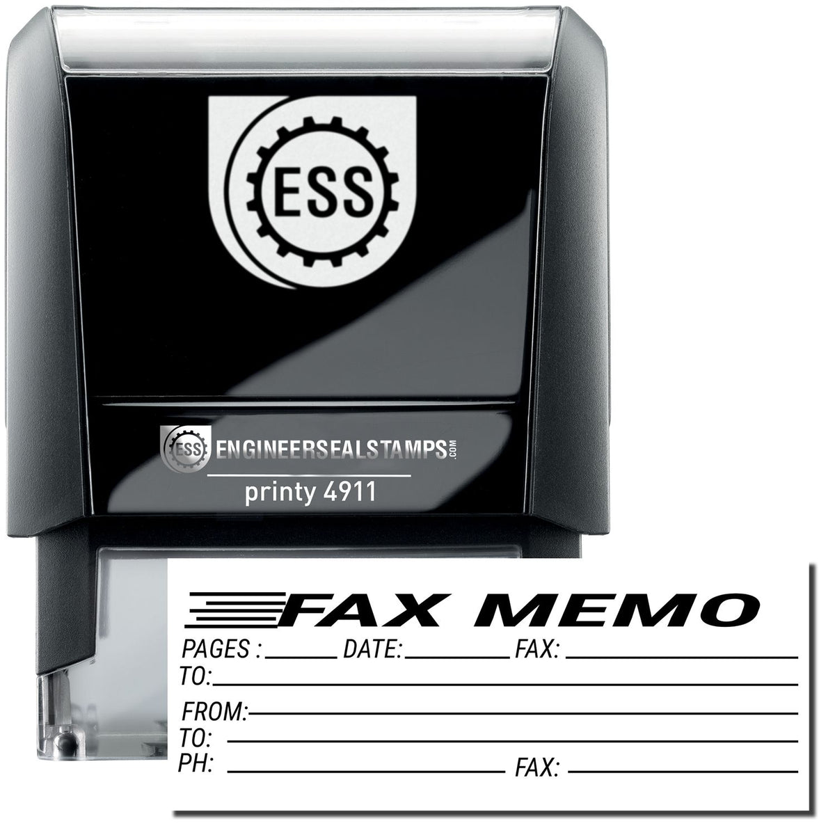 A self-inking stamp with a stamped image showing how the text &quot;FAX MEMO&quot; (with spaces underneath to indicate the number of pages, date, fax information, and who the fax is being sent to) is displayed after stamping.