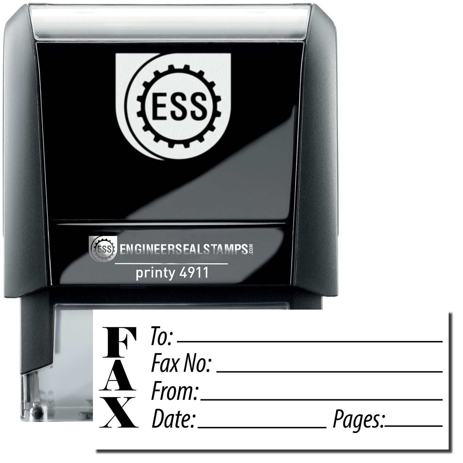 A self-inking stamp with a stamped image showing how the word "FAX" (while the rest of the stamp has space for a recipient's name, the fax number, who is sending the fax, when the fax is being sent, and how many pages the fax is composed of) is displayed vertically after stamping.