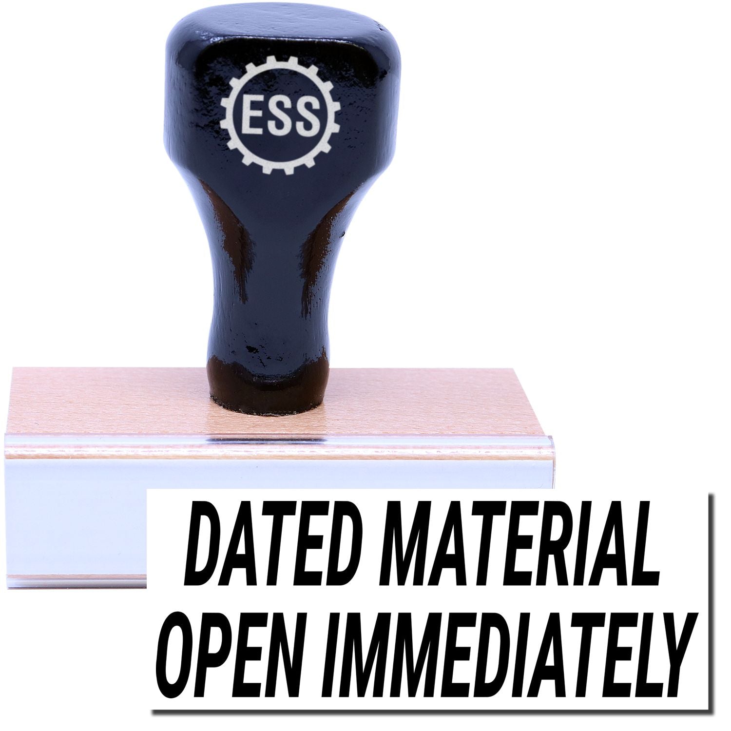 A stock office rubber stamp with a stamped image showing how the text "DATED MATERIAL OPEN IMMEDIATELY" is displayed after stamping.