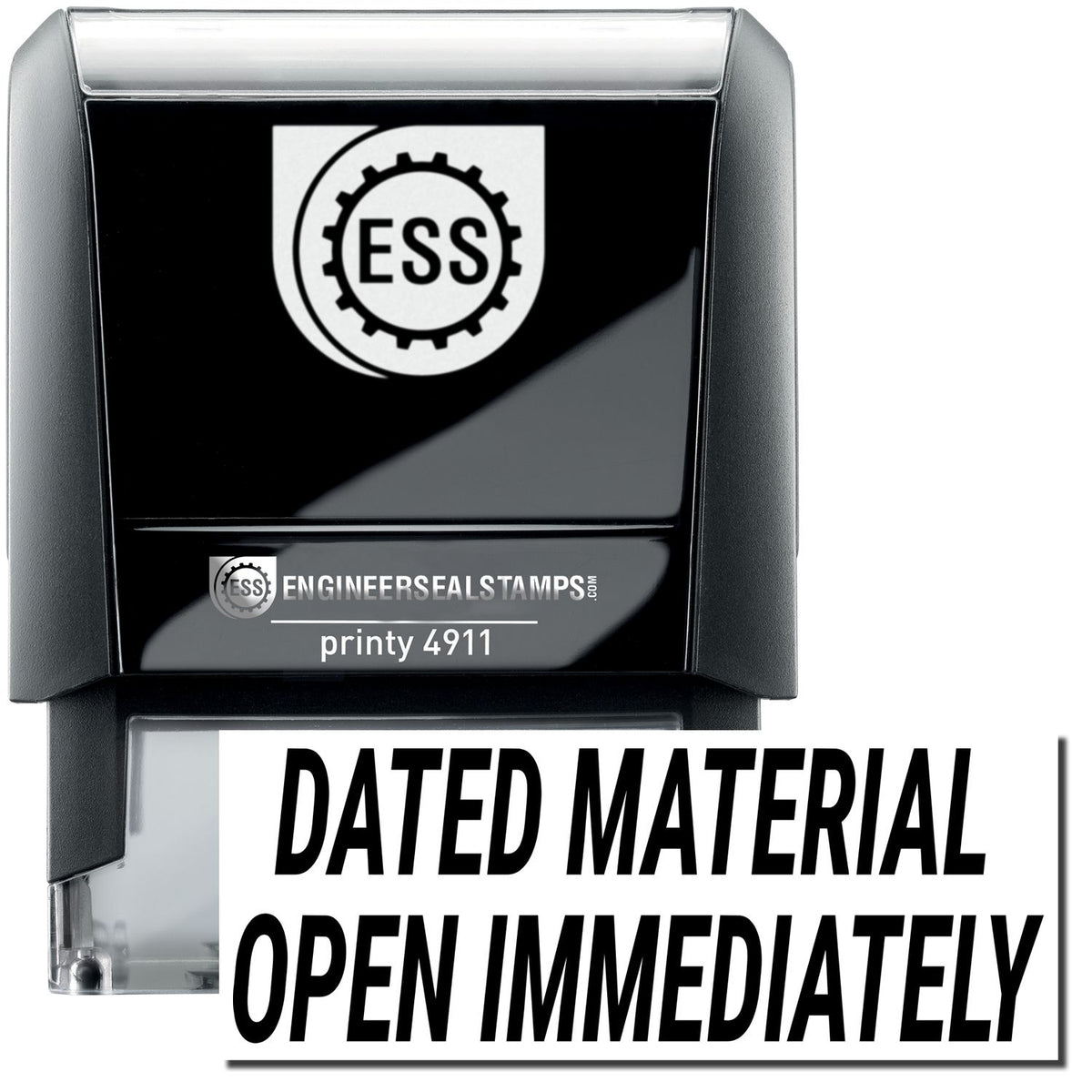 A self-inking stamp with a stamped image showing how the word &quot;DATED MATERIAL OPEN IMMEDIATELY&quot; in bold font is displayed after stamping.