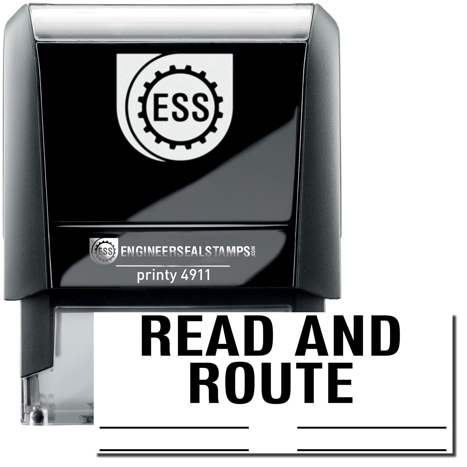A self-inking stamp with a stamped image showing how the text "READ AND ROUTE" with lines below the text is displayed after stamping.