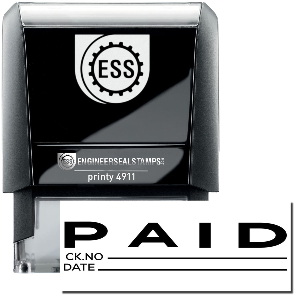 A self-inking stamp with a stamped image showing how the text &quot;PAID&quot; (with a space for writing down both the check number used for the payment and the date when payment was made) is displayed after stamping.