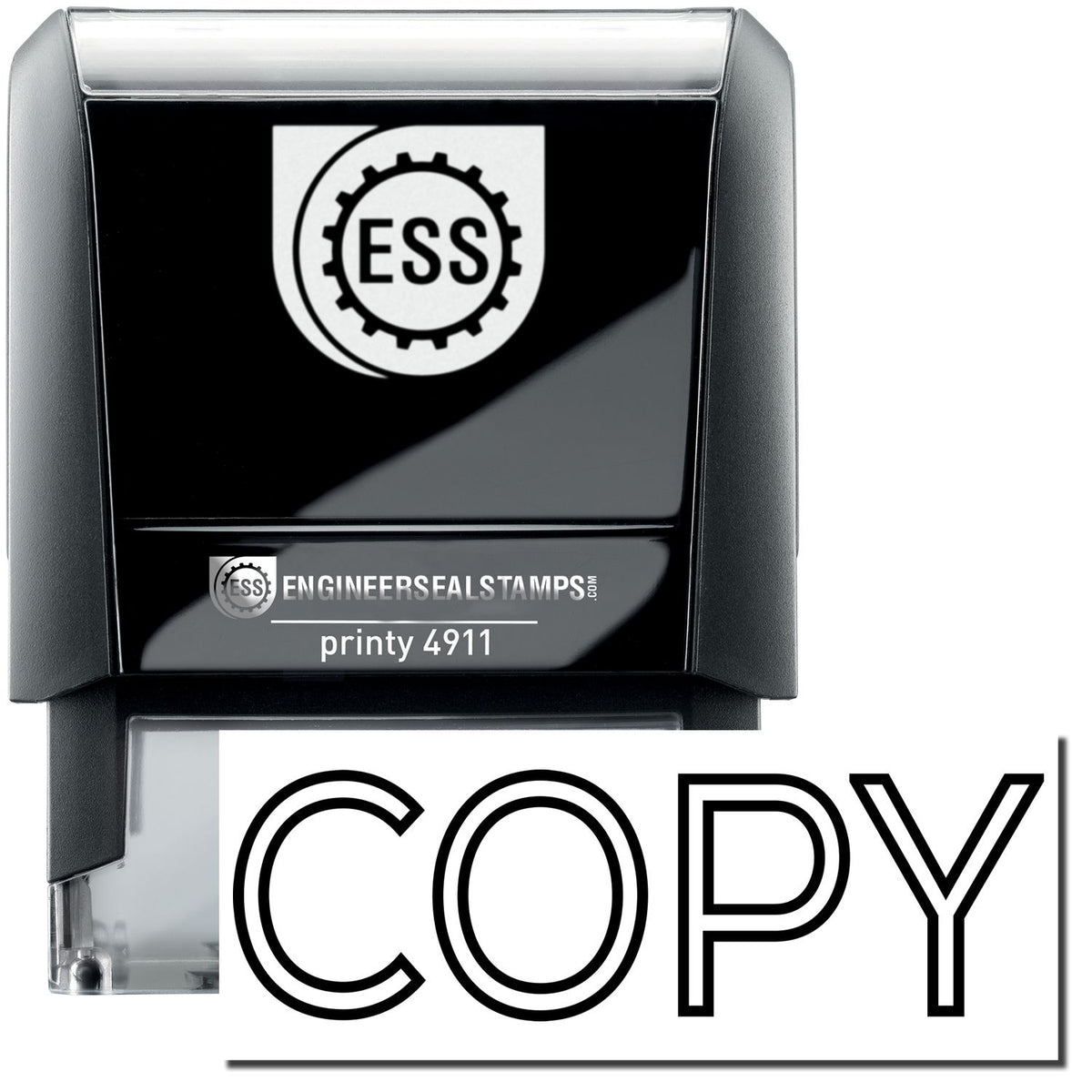 A self-inking stamp with a stamped image showing how the text &quot;COPY&quot; in an outline style is displayed after stamping.