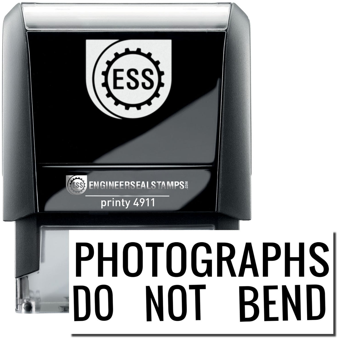 A self-inking stamp with a stamped image showing how the text &quot;PHOTOGRAPHS DO NOT BEND&quot; is displayed after stamping.