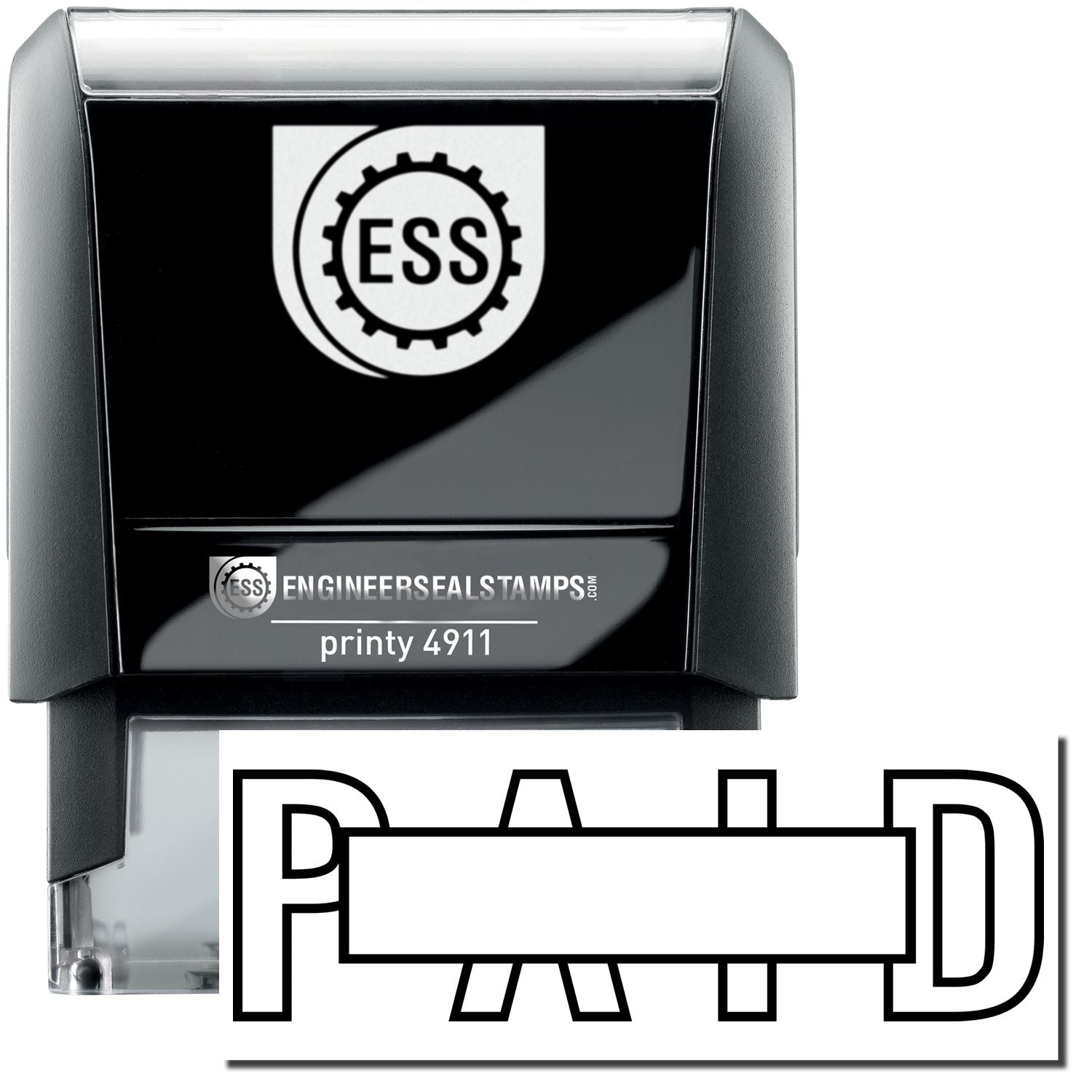 A self-inking stamp with a stamped image showing how the text "PAID" in an outline style with a box over the text's top is displayed after stamping.