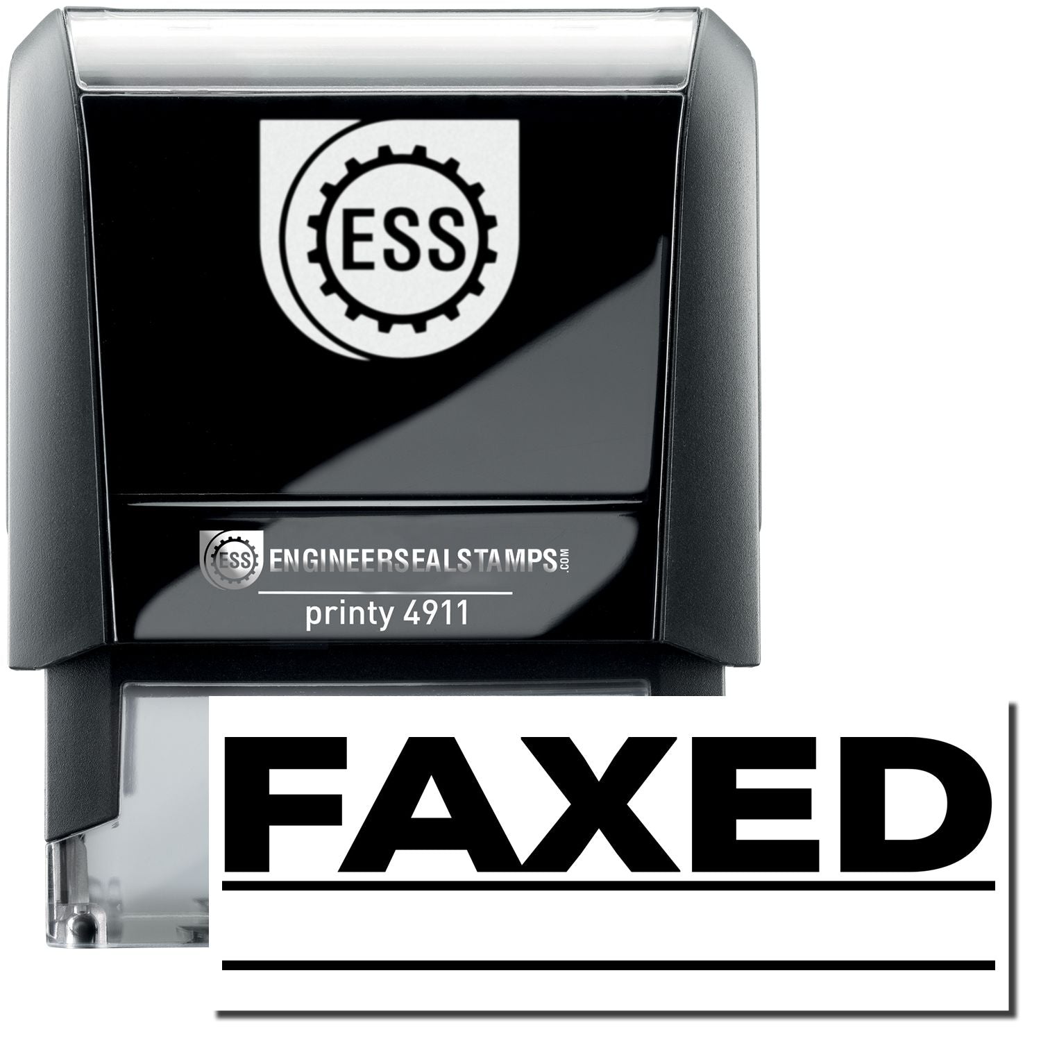 A self-inking stamp with a stamped image showing how the text "FAXED" with two lines below the text is displayed after stamping.