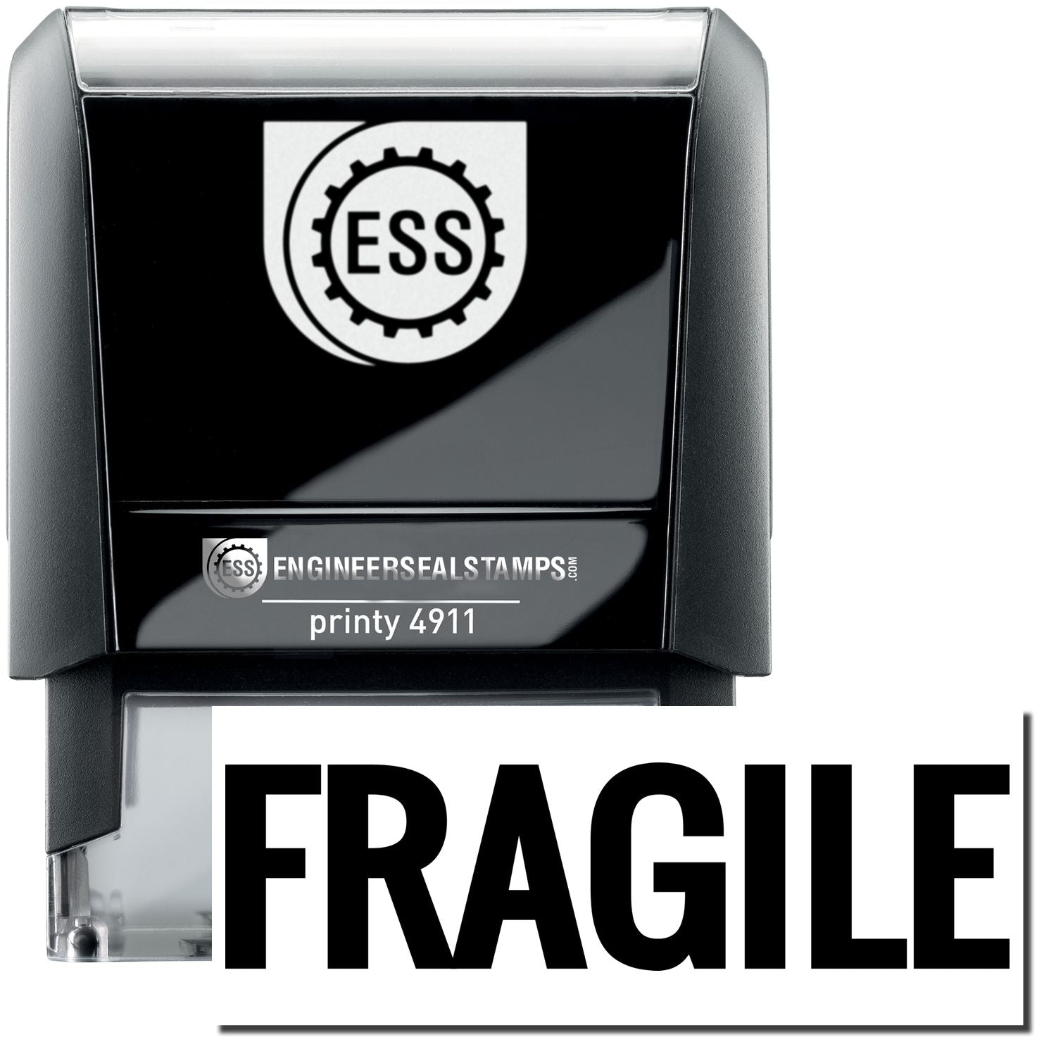 A self-inking stamp with a stamped image showing how the text "FRAGILE" in bold font is displayed after stamping.