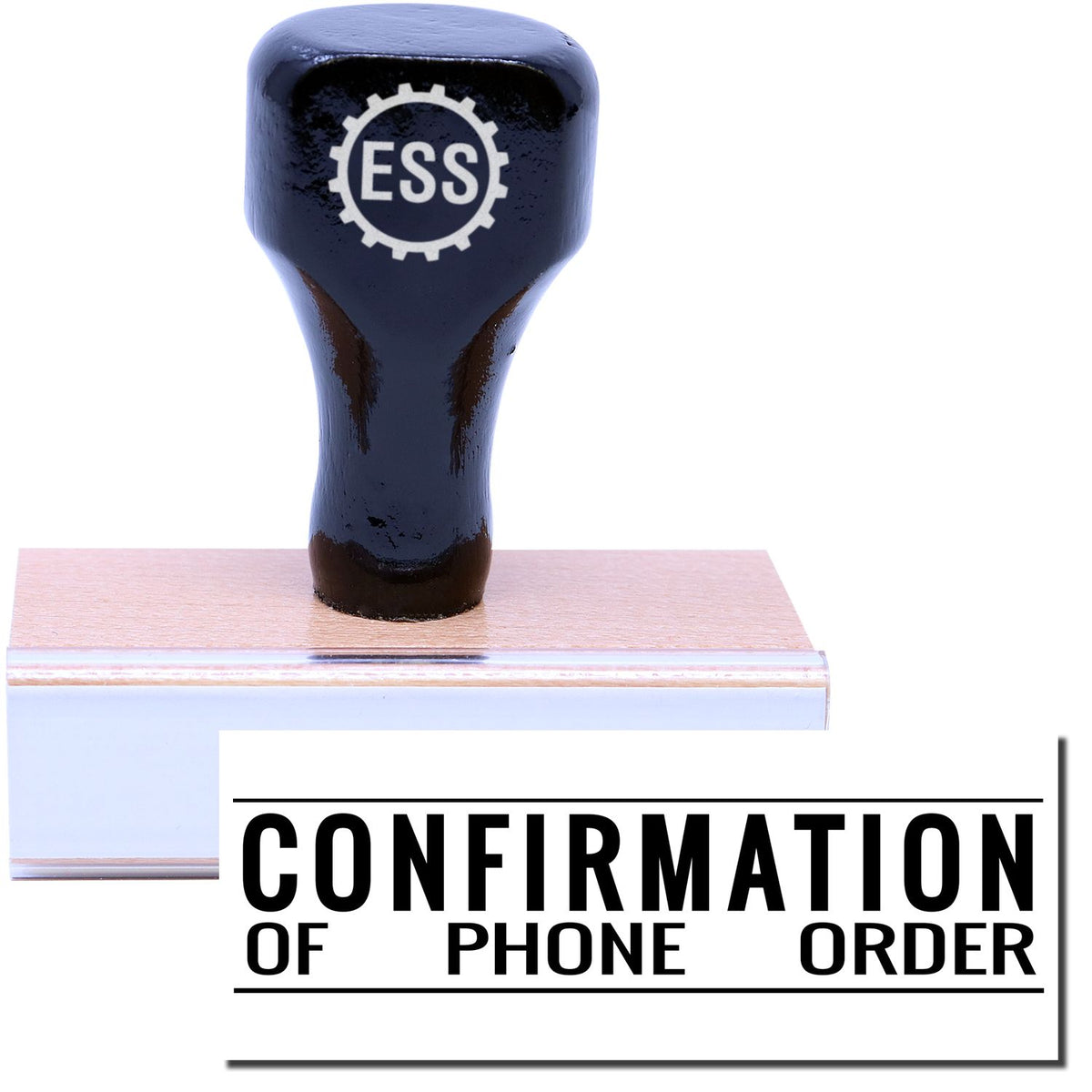 A stock office rubber stamp with a stamped image showing how the text &quot;CONFIRMATION OF PHONE ORDER&quot; is displayed after stamping.