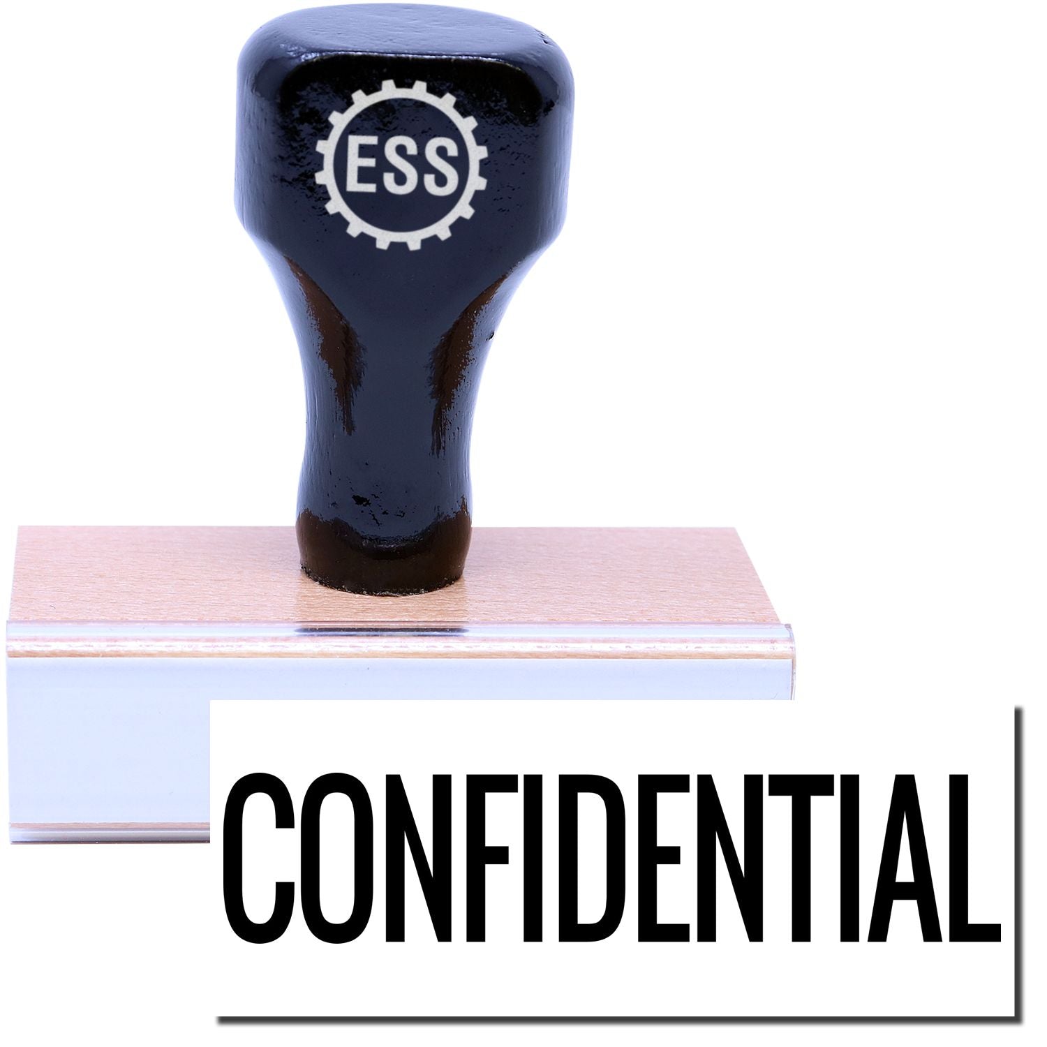 A stock office rubber stamp with a stamped image showing how the text CONFIDENTIAL in a narrow font is displayed after stamping.