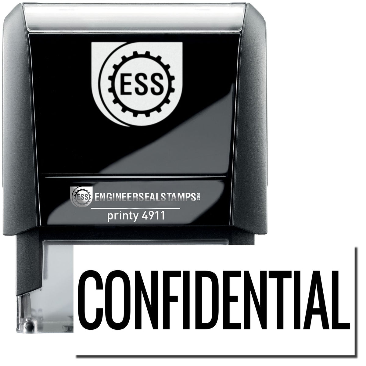 A self-inking stamp with a stamped image showing how the text &quot;CONFIDENTIAL&quot; in a narrow font is displayed after stamping.