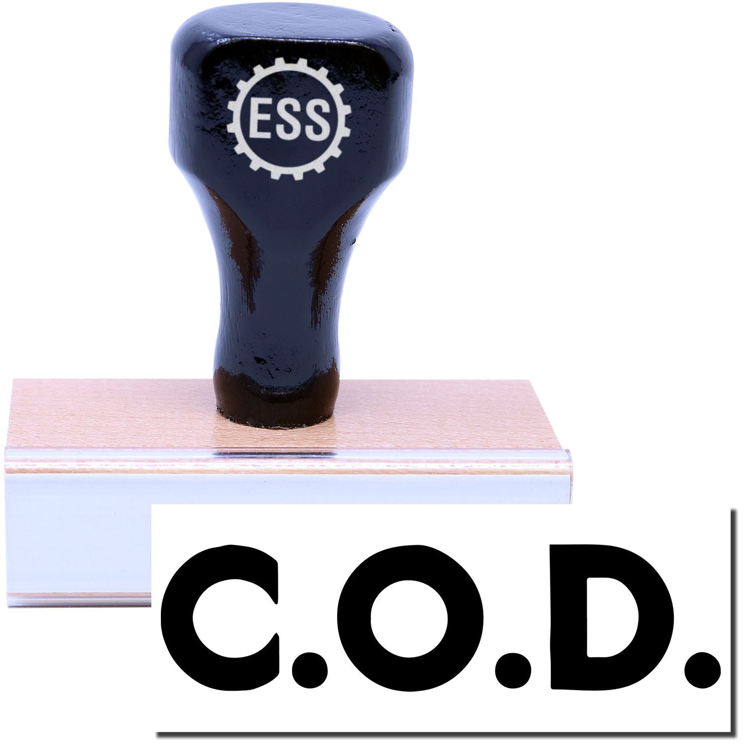 A stock office rubber stamp with a stamped image showing how the text "C.O.D." in bold font is displayed after stamping.