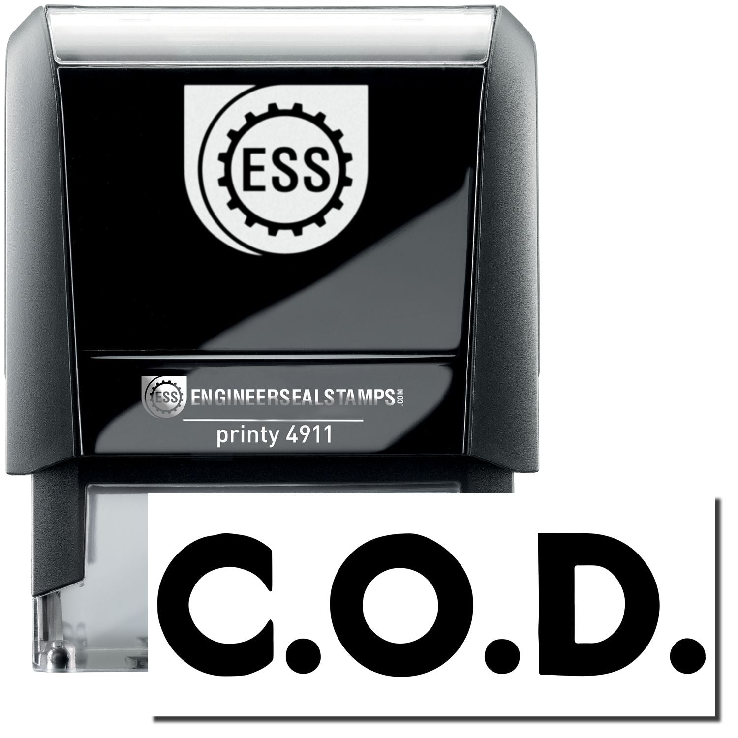 A self-inking stamp with a stamped image showing how the text C.O.D. in bold font is displayed after stamping.