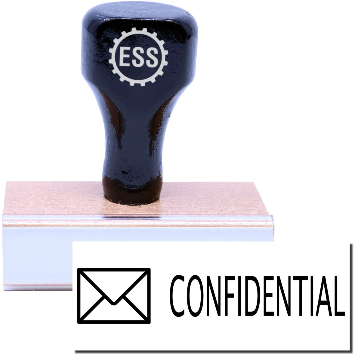 A stock office rubber stamp with a stamped image showing how the text &quot;CONFIDENTIAL&quot; with a small image of an envelope on the left side is displayed after stamping.