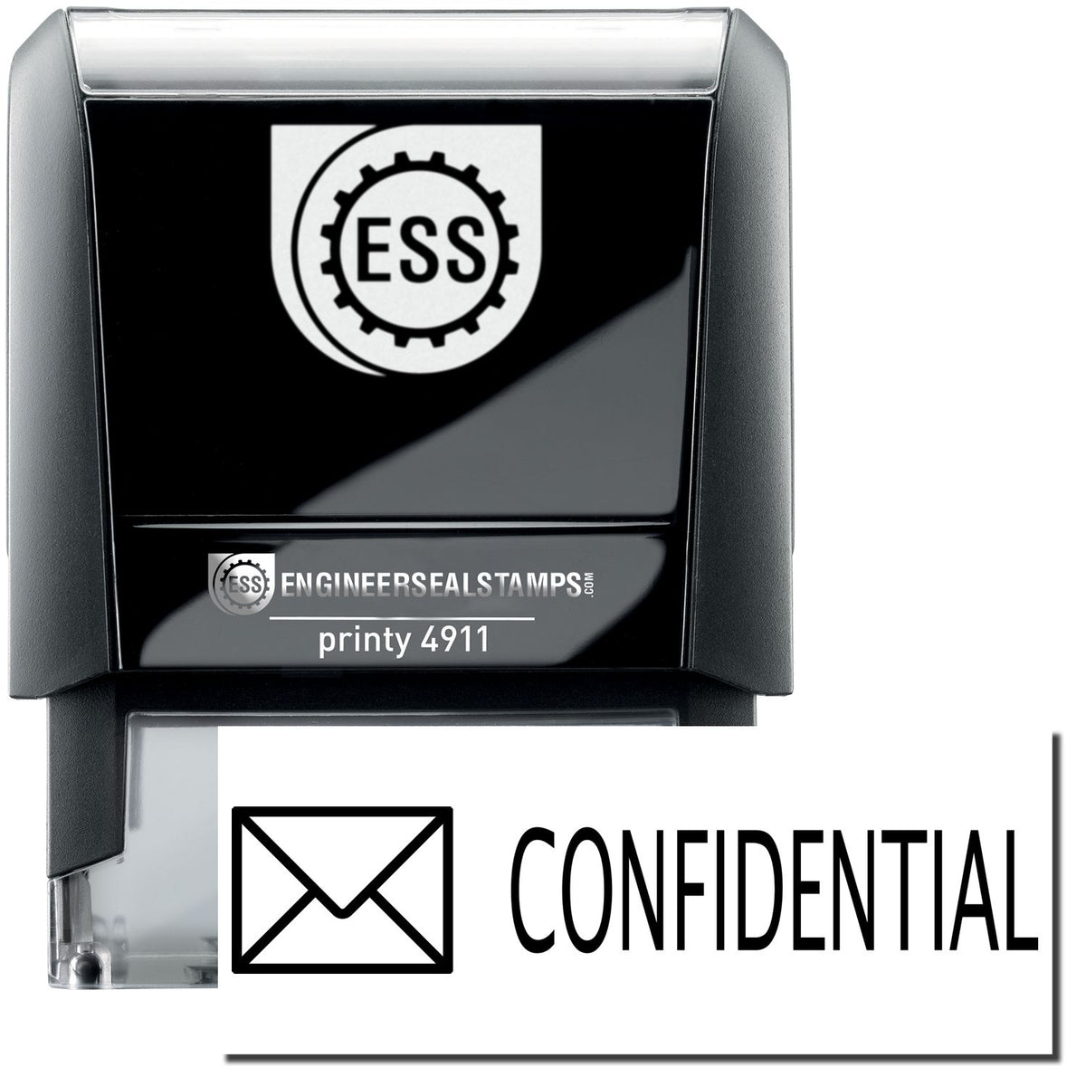 A self-inking stamp with a stamped image showing how the text &quot;CONFIDENTIAL&quot; with an envelope icon on the left is displayed after stamping.