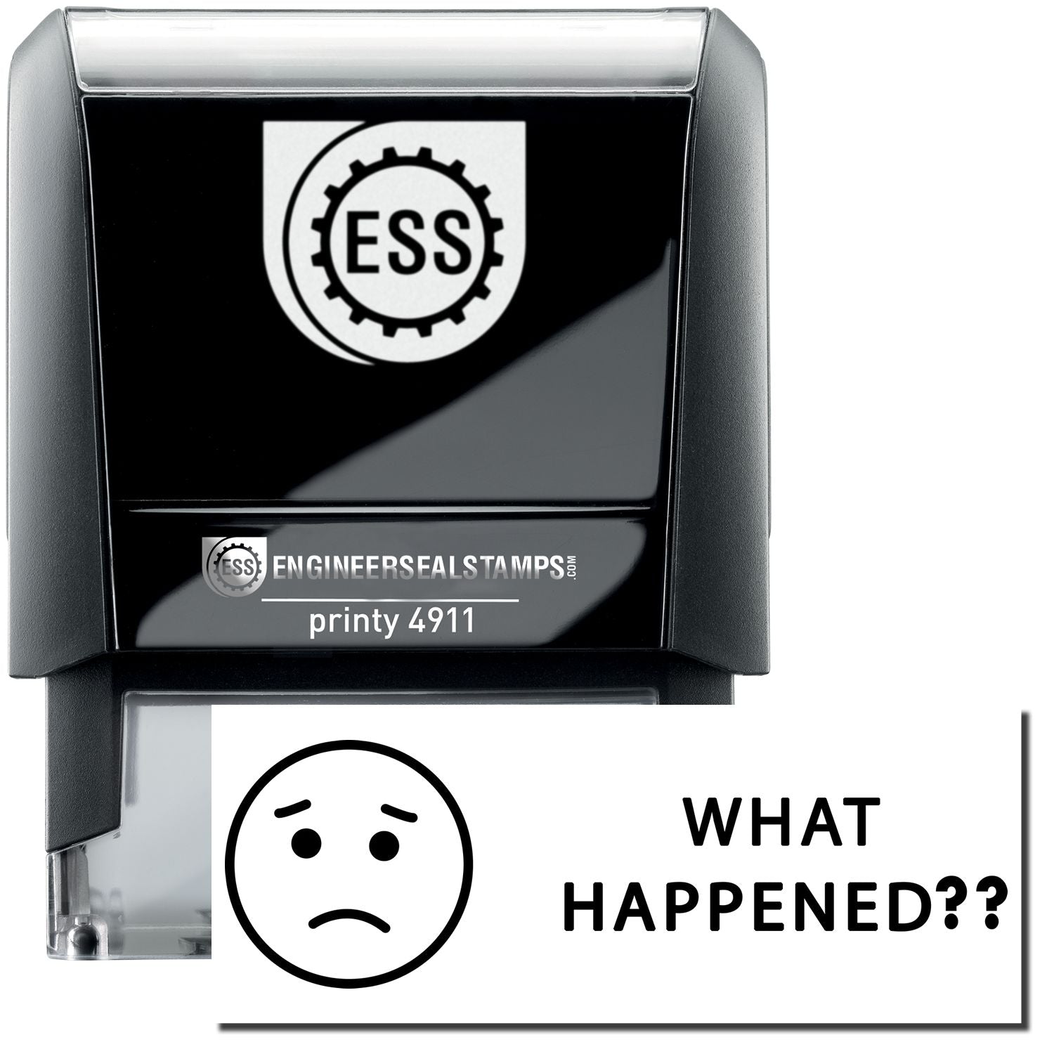 A self-inking stamp with a stamped image showing how the text WHAT HAPPENED?? in bold font with an image of a sad face on the left is displayed after stamping.