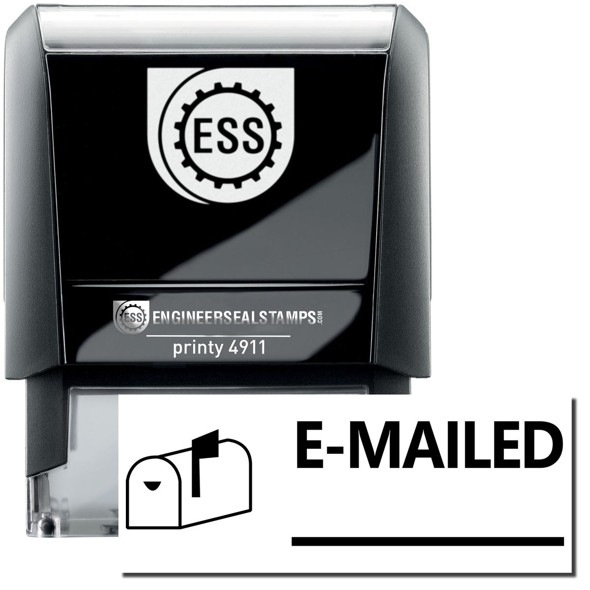 A self-inking stamp with a stamped image showing how the text &quot;E-MAILED&quot; (with an image of a mailbox with the flag up and includes a line under the text) is displayed after stamping.