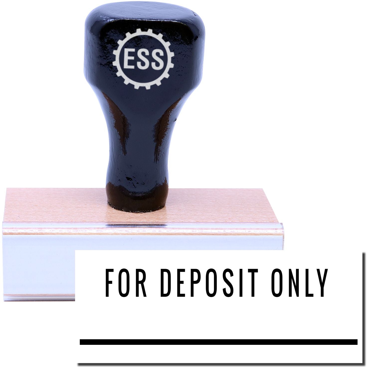 A stock office rubber stamp with a stamped image showing how the text FOR DEPOSIT ONLY with a line under the text is displayed after stamping.