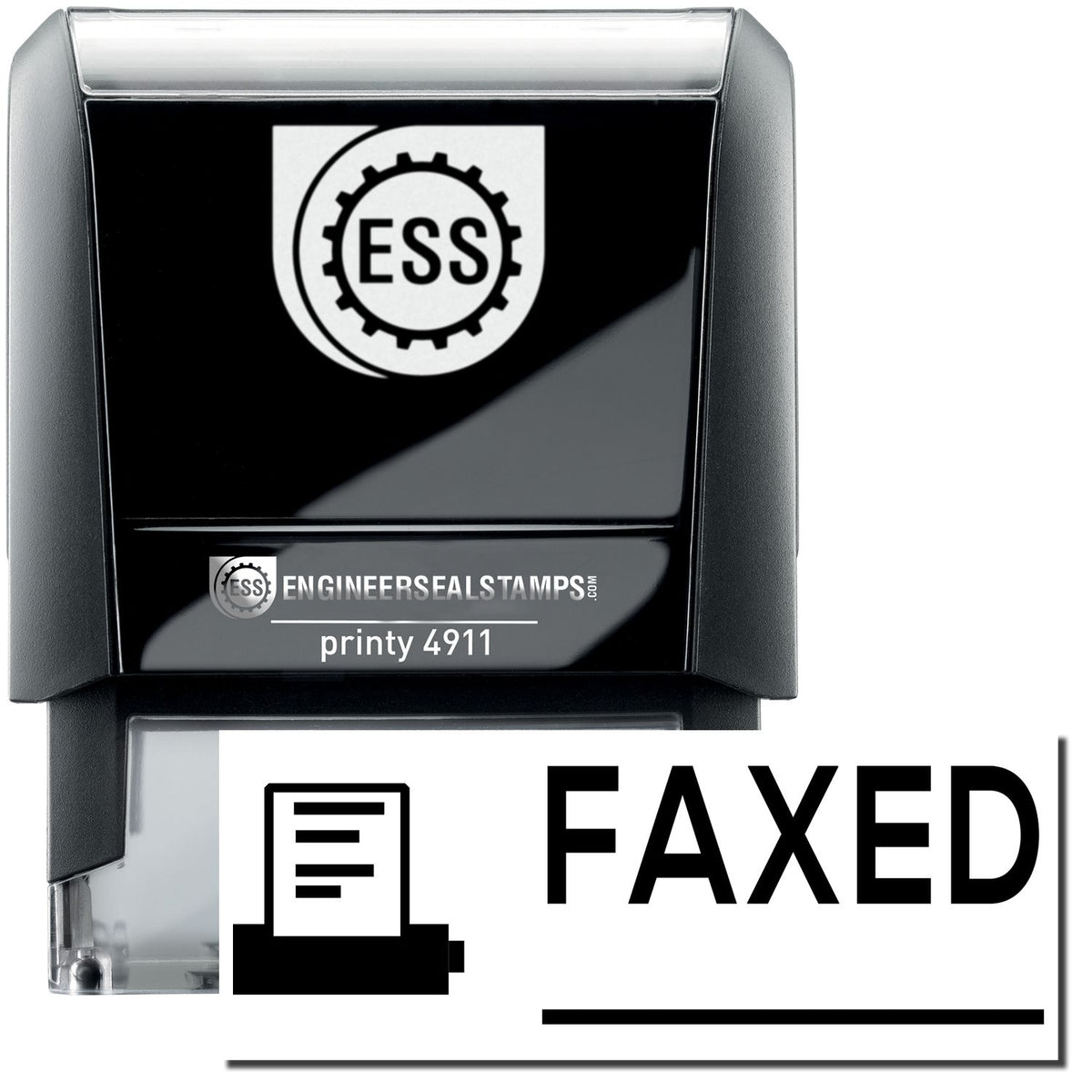 A self-inking stamp with a stamped image showing how the text &quot;FAXED&quot; with a small image of a fax machine on the left and a line underneath the text is displayed after stamping.