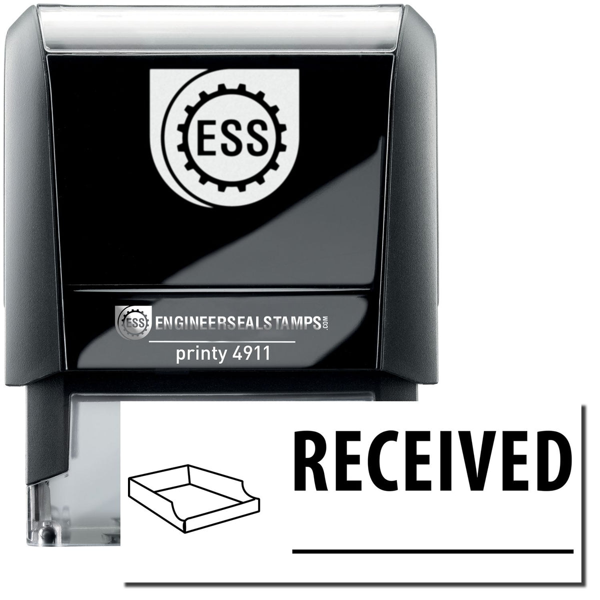 A self-inking stamp with a stamped image showing how the text &quot;RECEIVED&quot; with a line underneath the text and an inbox icon on the left side is displayed after stamping.