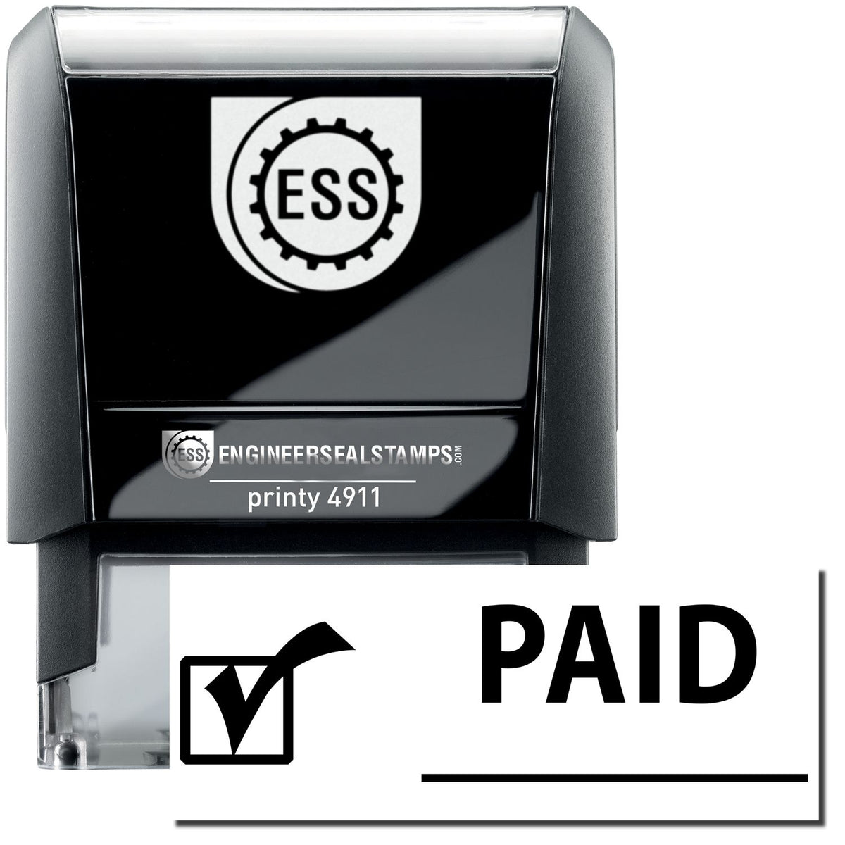 A self-inking stamp with a stamped image showing how the text &quot;PAID&quot; with a checkmark icon on the left and a broad line on the right is displayed after stamping.