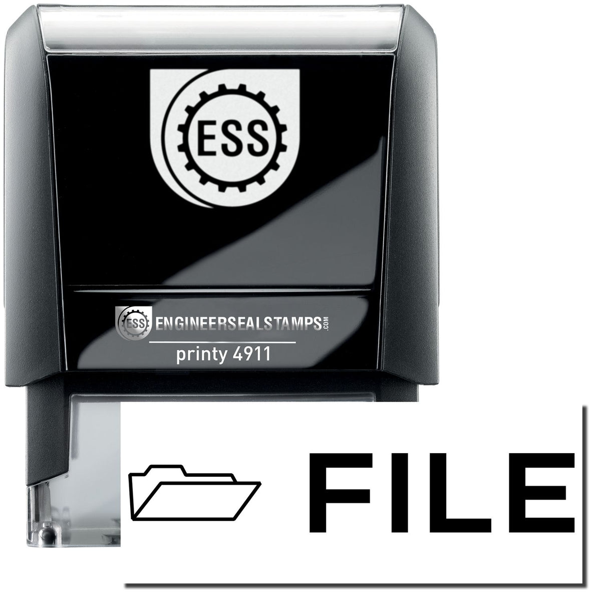 A self-inking stamp with a stamped image showing how the text &quot;FILE&quot; in a bold font and a small icon of a file folder on the left is displayed after stamping.