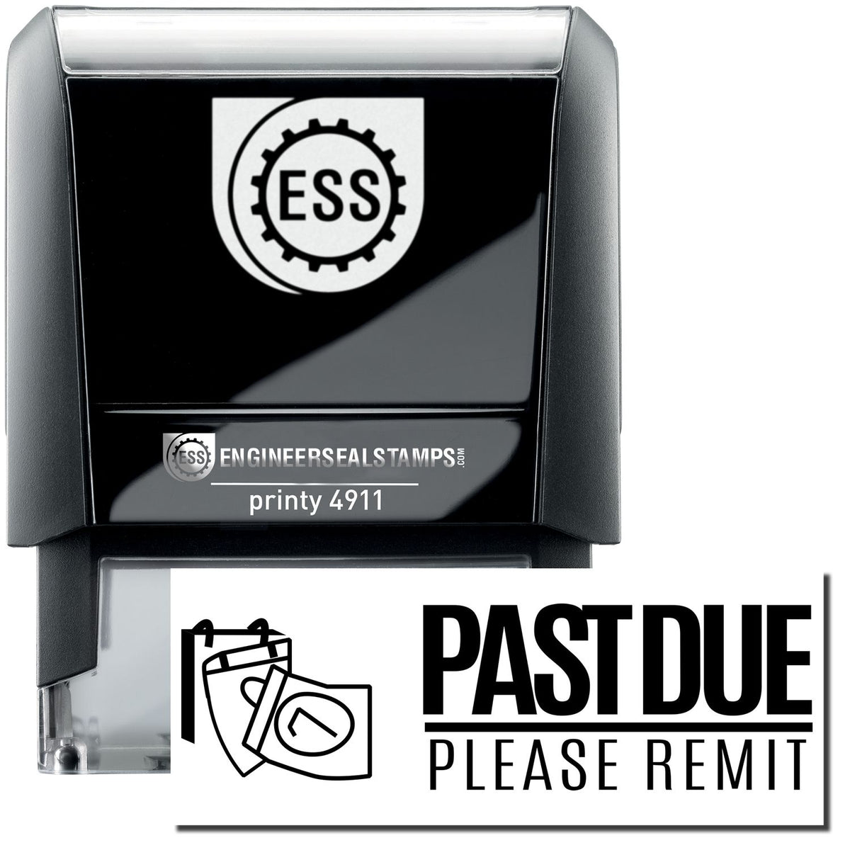 A self-inking stamp with a stamped image showing how the text &quot;PAST DUE PLEASE REMIT&quot; (&quot;PAST DUE&quot; in a bold font with a line underneath and &quot;PLEASE REMIT&quot; in narrow font under the line) with an icon of a calendar is displayed after stamping.